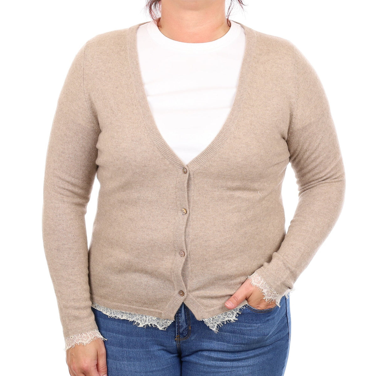 Fawn Beige V Neck Cashmere Cardigan With Lace Trim Large