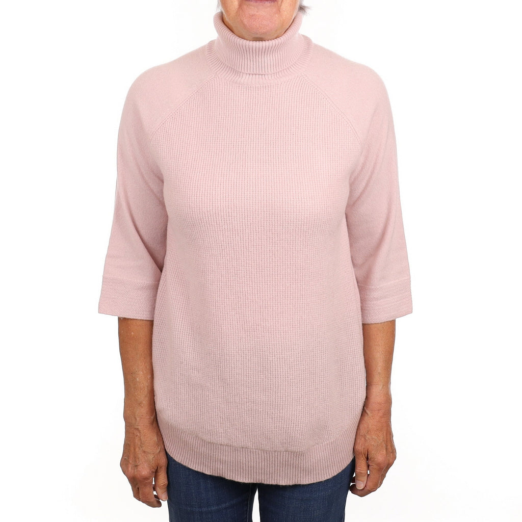 Pale Pink Waffle Front Cashmere Polo Neck Jumper Medium