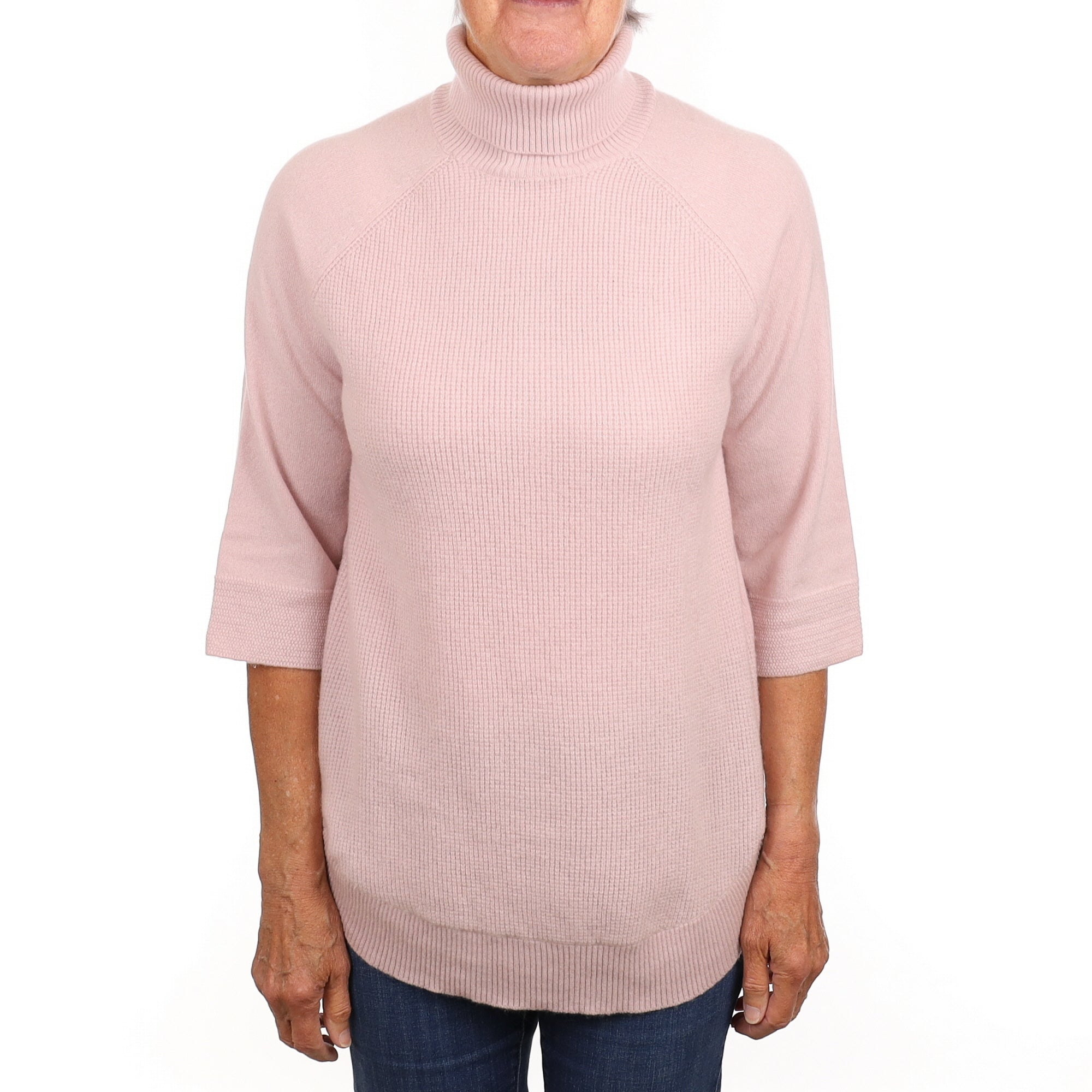 Pale Pink Waffle Front Cashmere Polo Neck Jumper Medium