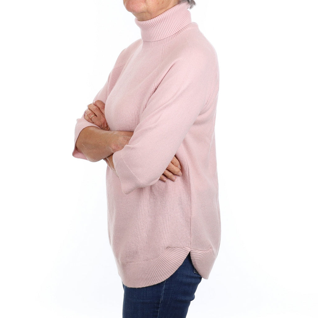 Pale Pink Waffle Front Cashmere Polo Neck Jumper Medium