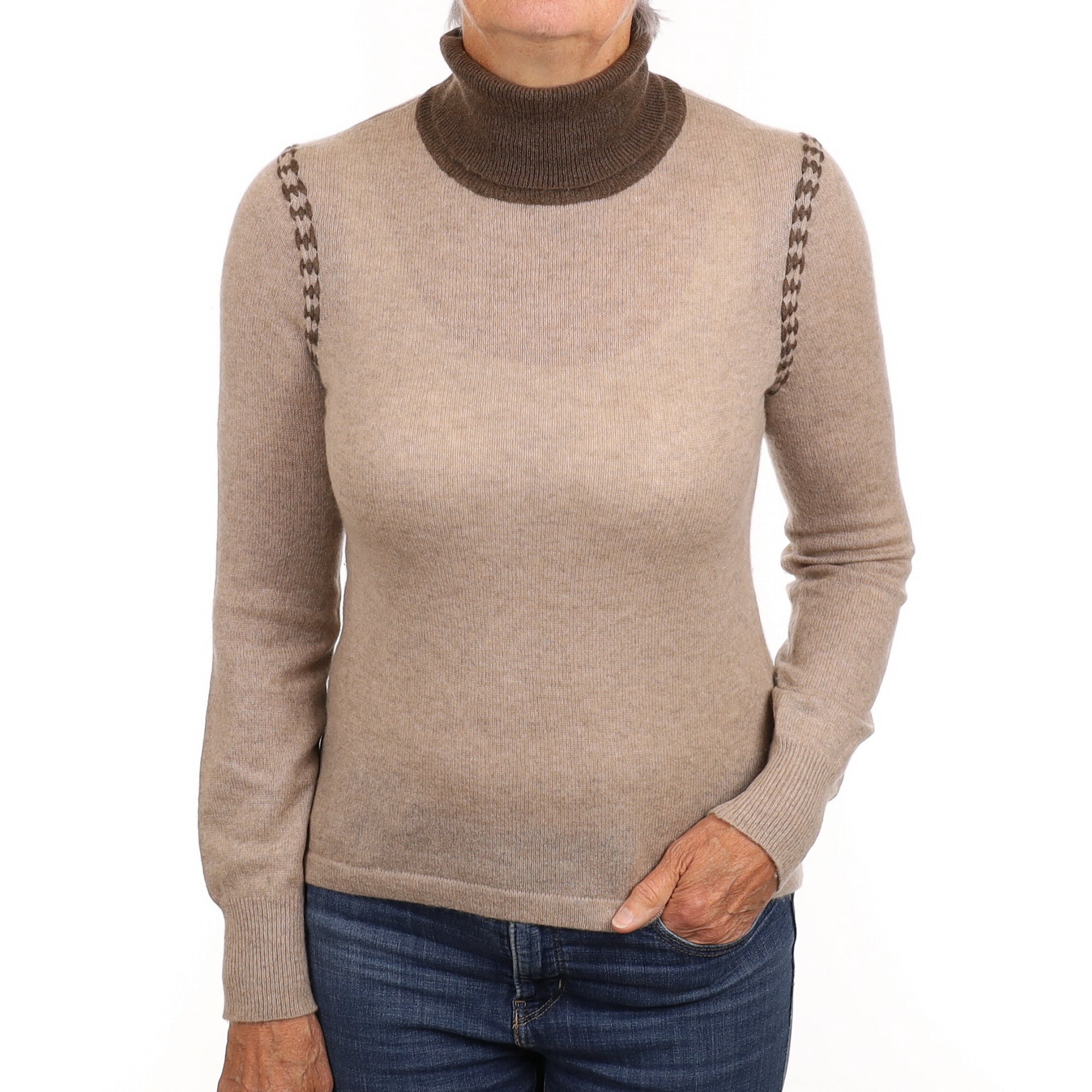 Fawn and Mocha Cashmere Polo Neck Jumper Medium