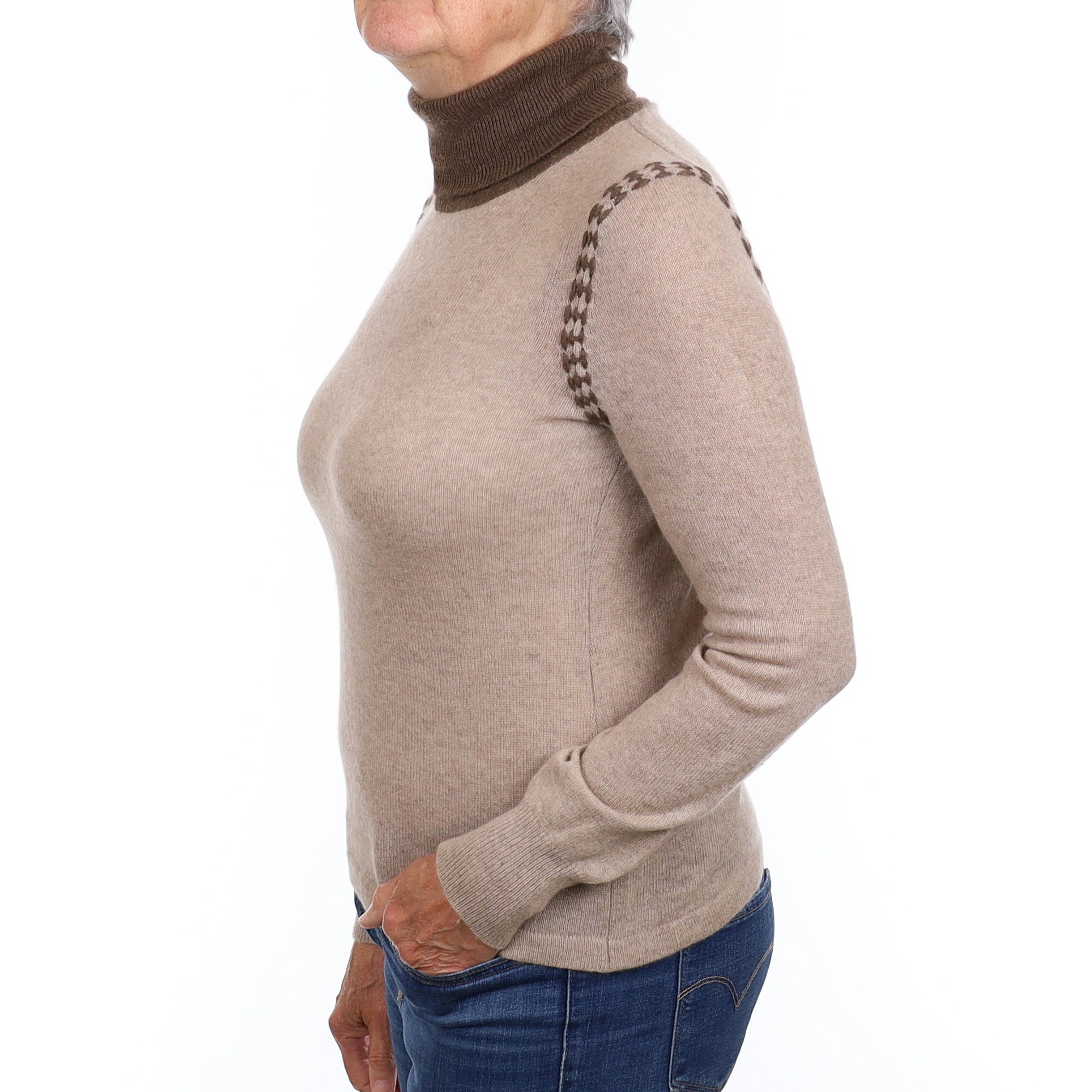 Fawn and Mocha Cashmere Polo Neck Jumper Medium