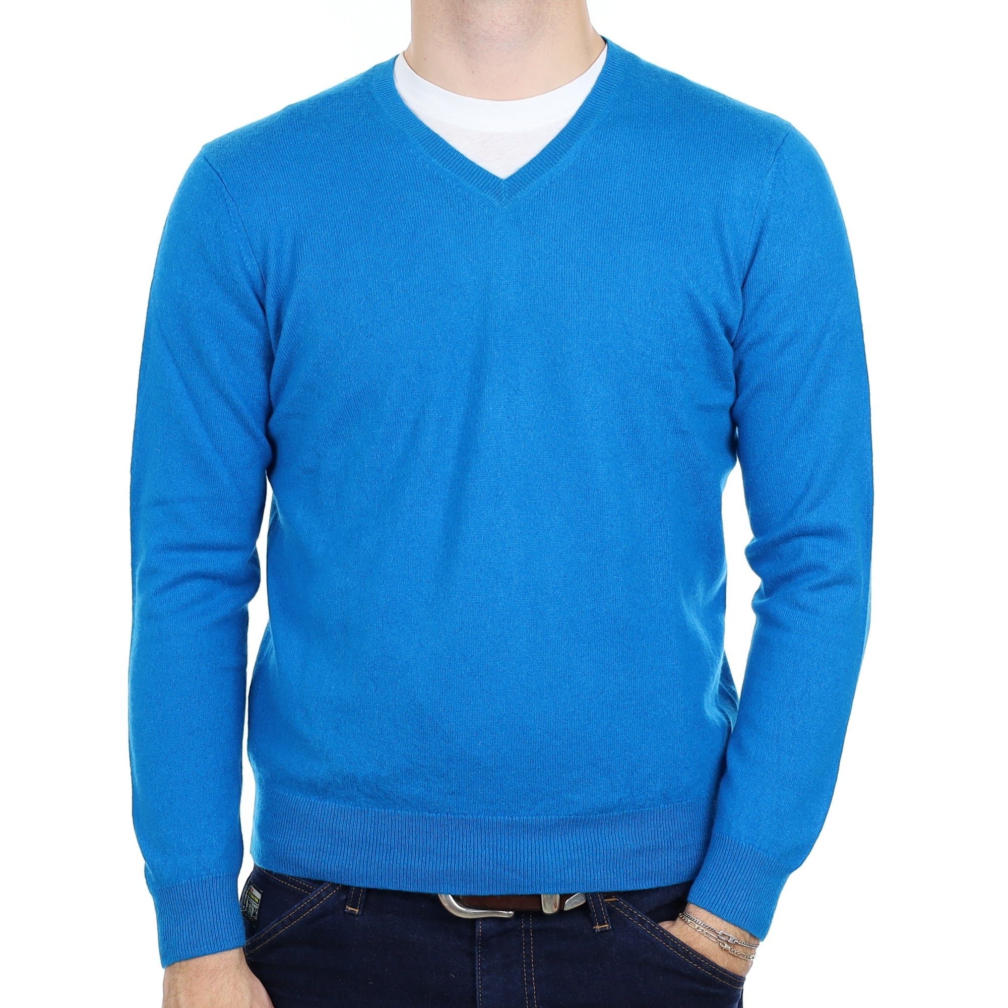 Men's Peacock Blue Cashmere V Neck Jumper Medium