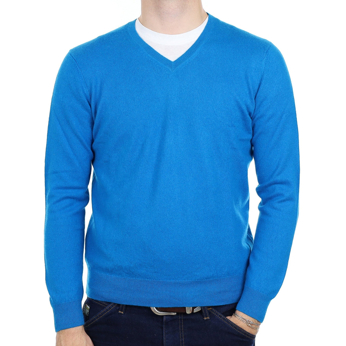 Men's Peacock Blue Cashmere V Neck Jumper Medium