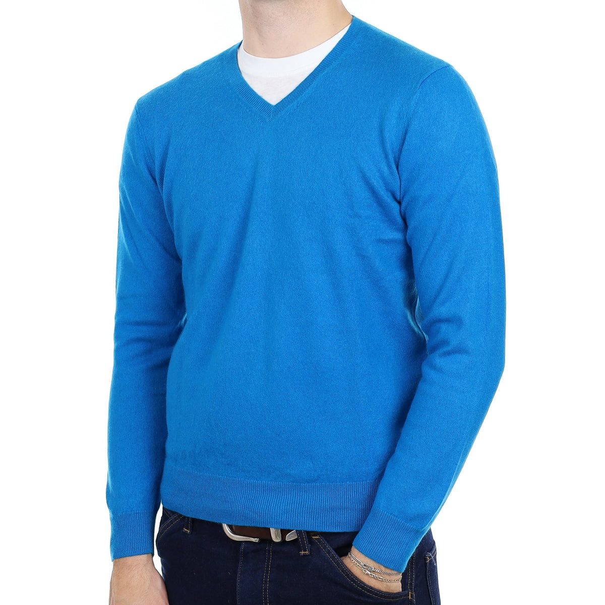 Men's Peacock Blue Cashmere V Neck Jumper Medium