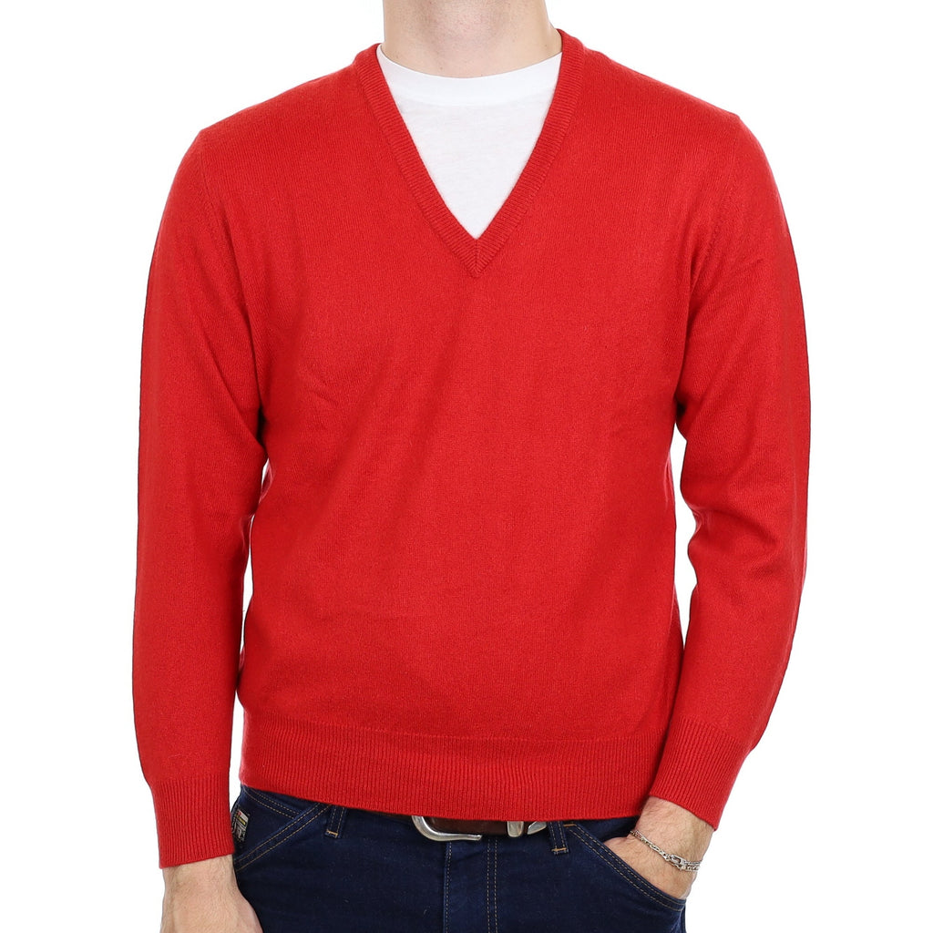 Men's Scarlett Red Cashmere V Neck Jumper Medium