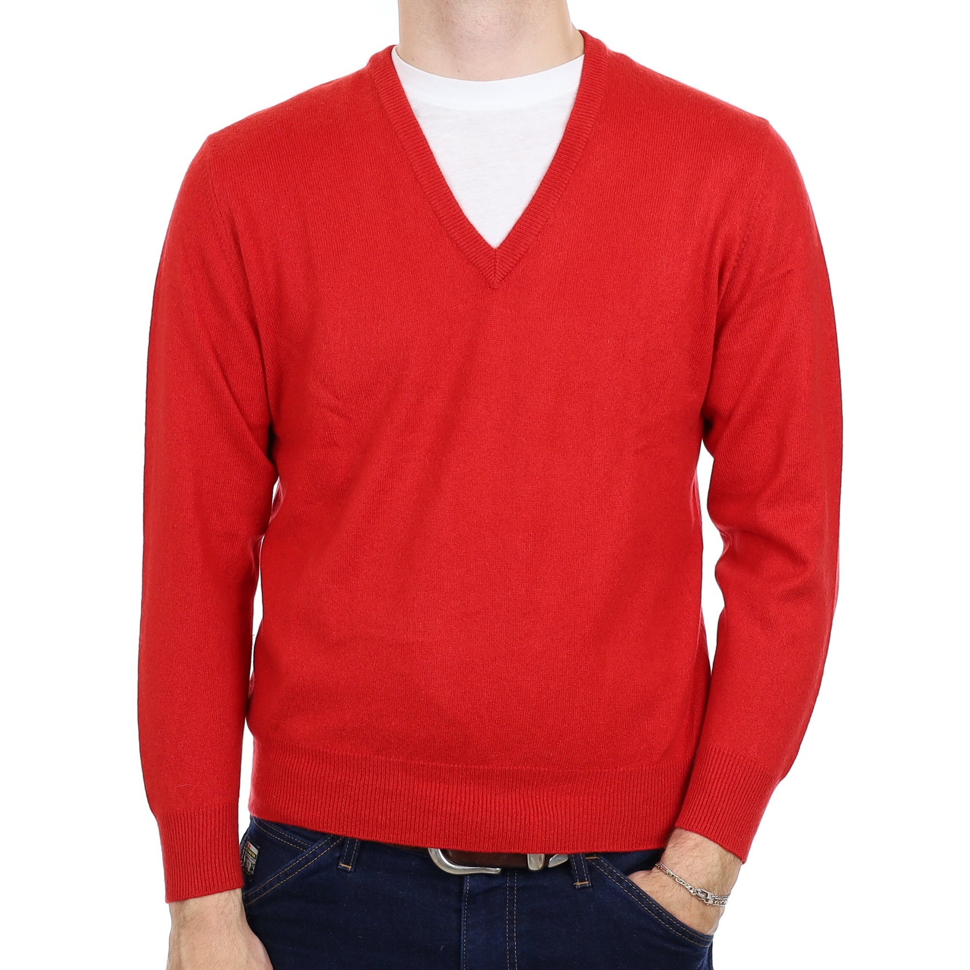 Men's Scarlett Red Cashmere V Neck Jumper Medium