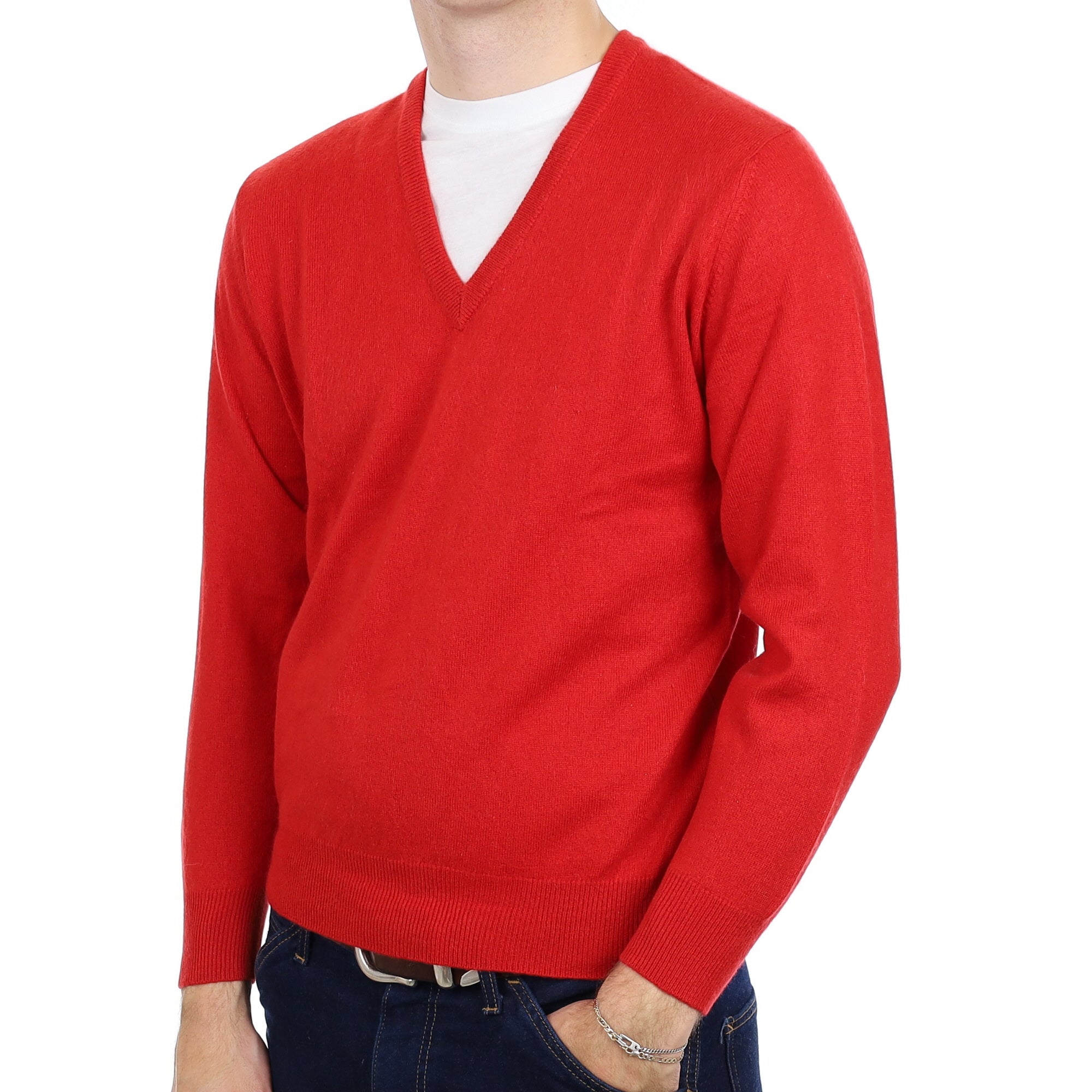 Men's Scarlett Red Cashmere V Neck Jumper Medium