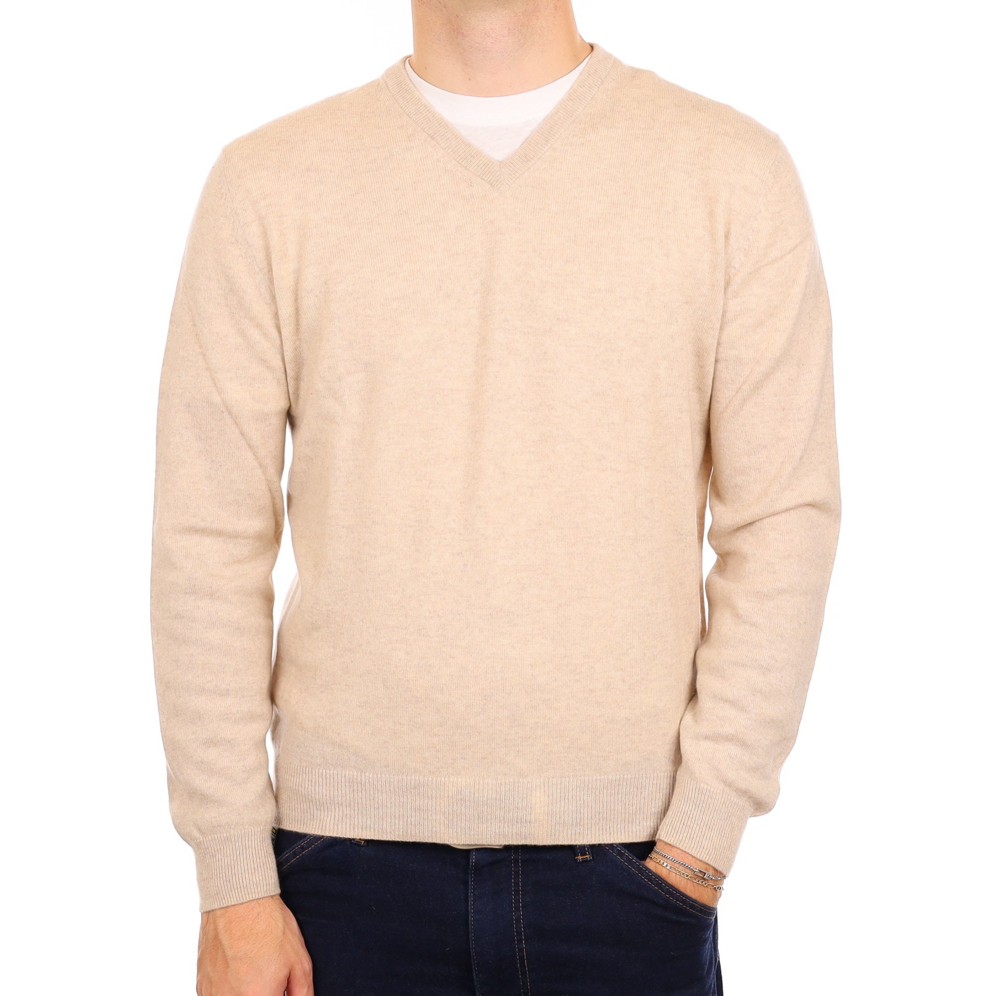 Men's Oatmeal Cashmere V Neck Jumper Medium