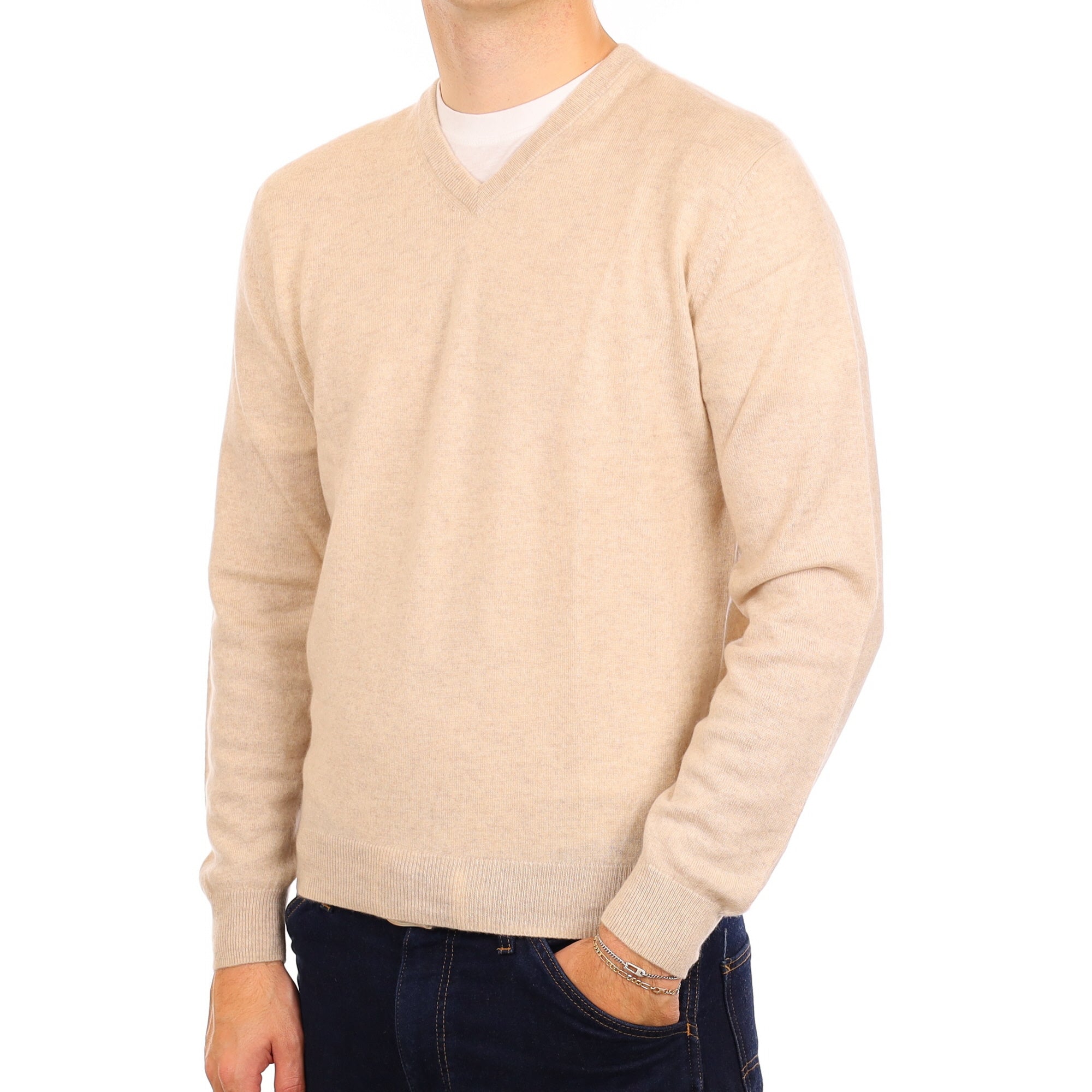 Men's Oatmeal Cashmere V Neck Jumper Medium