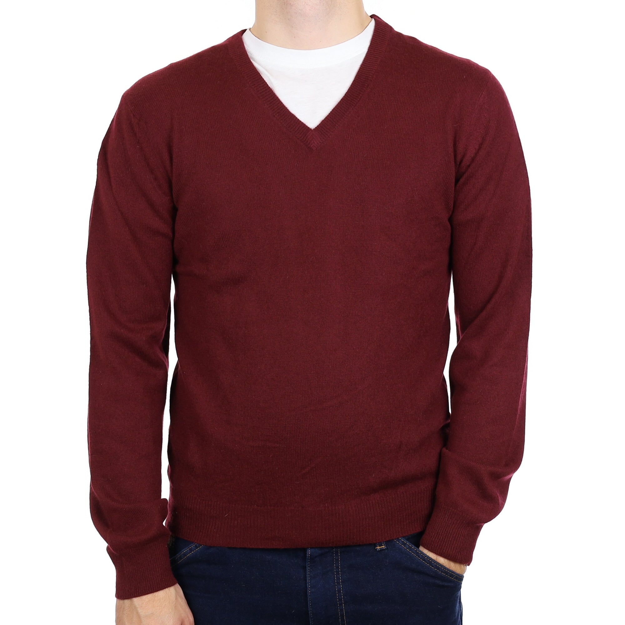 Men's Wine Red Cashmere V Neck Jumper Medium