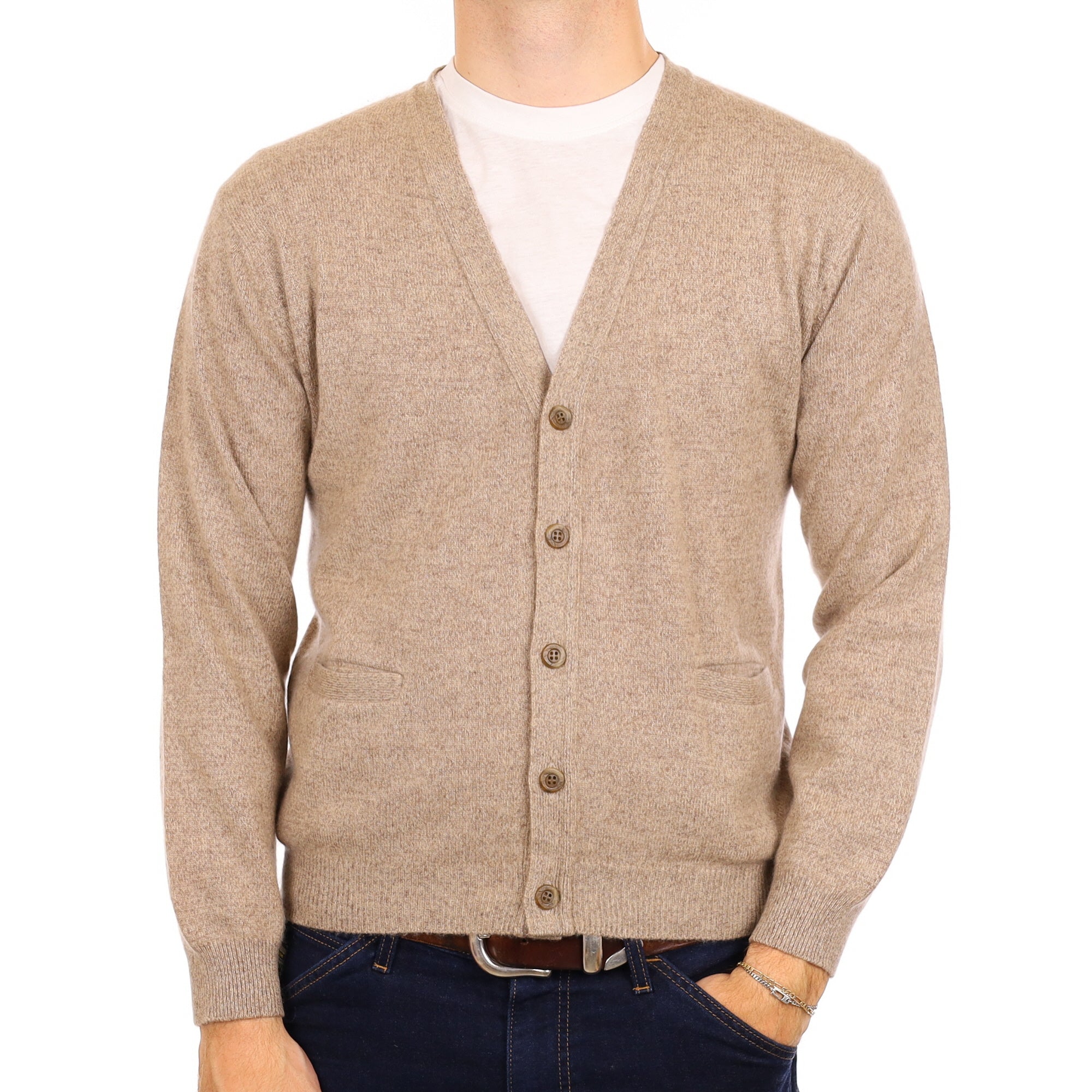 Men's Fawn Marl Cashmere V Neck Cardigan with Pockets Medium