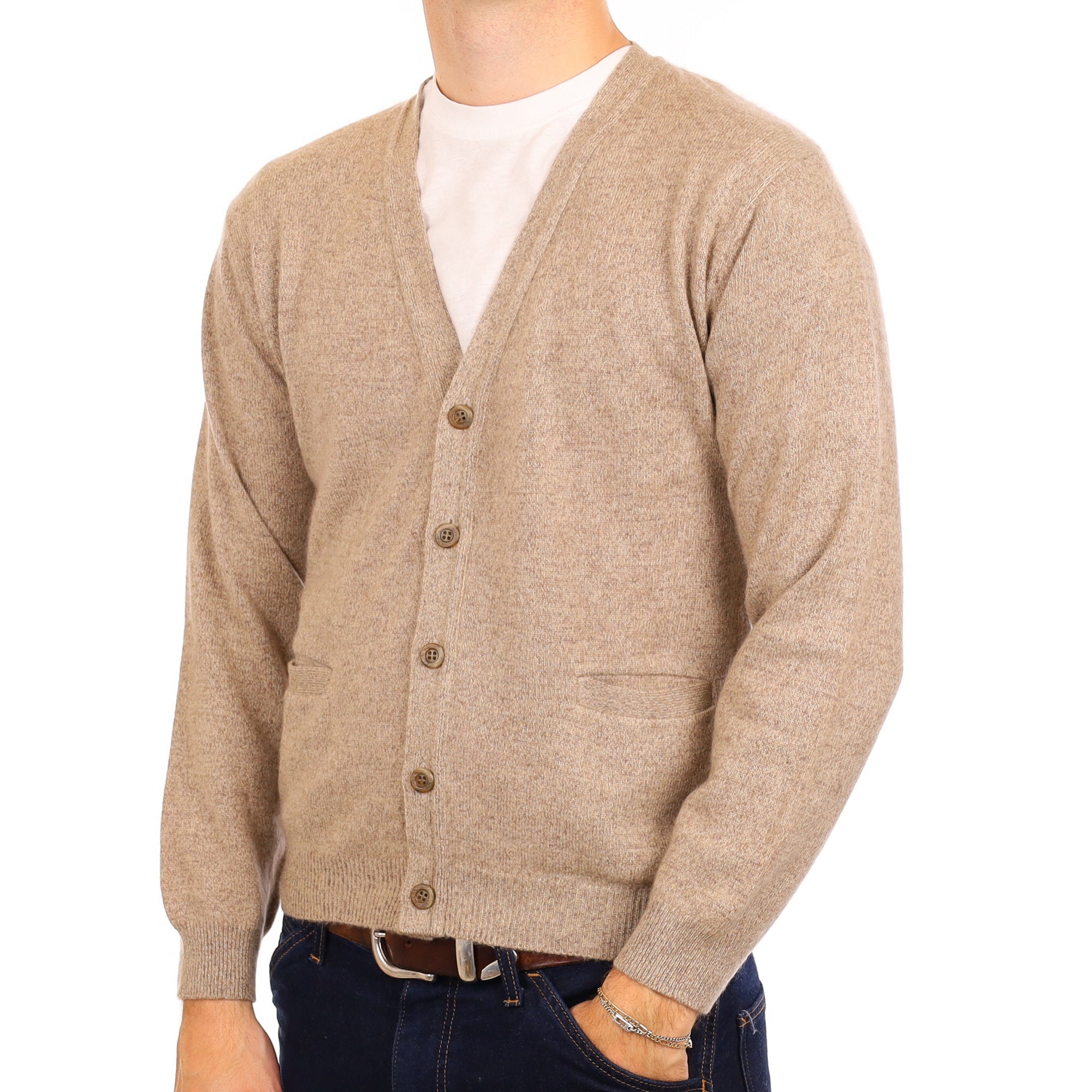 Men's Fawn Marl Cashmere V Neck Cardigan with Pockets Medium