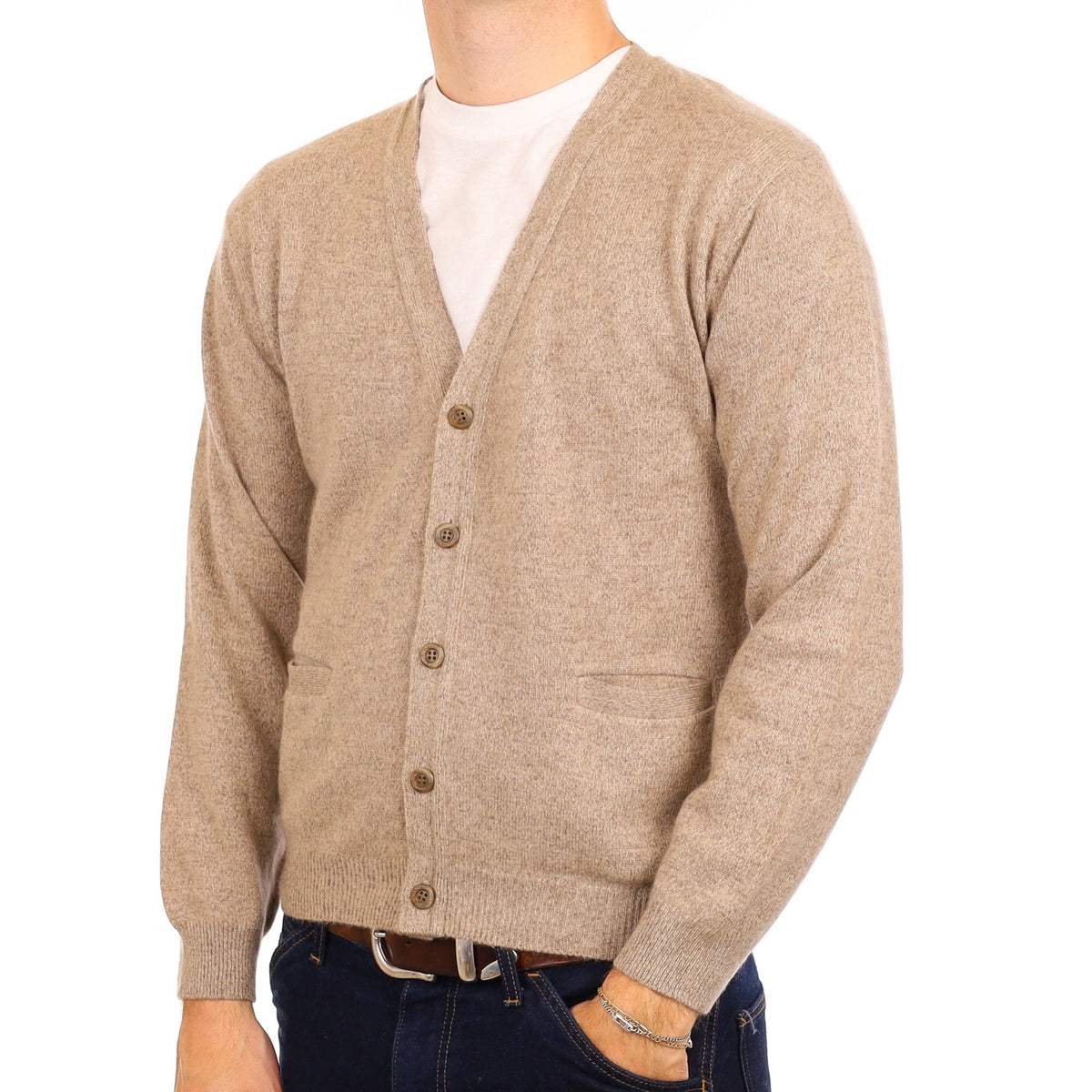 Men's Fawn Marl Cashmere V Neck Cardigan with Pockets Medium