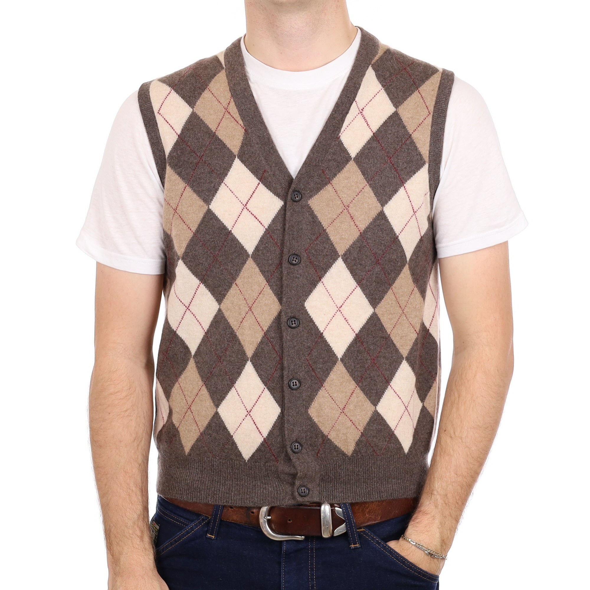 Men's Brown and Cream Argyle Cashmere V Neck Waistcoat Medium
