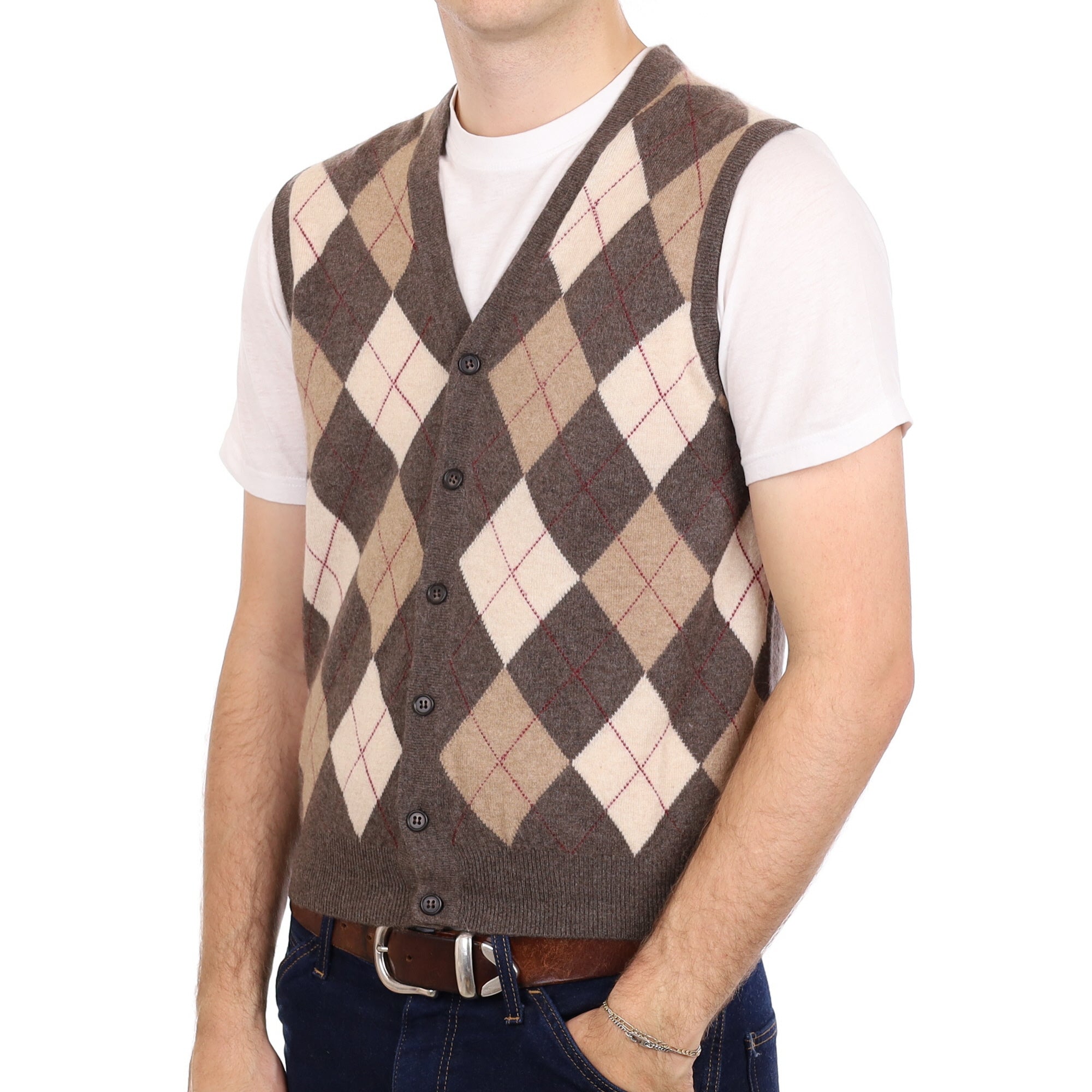 Men's Brown and Cream Argyle Cashmere V Neck Waistcoat Medium
