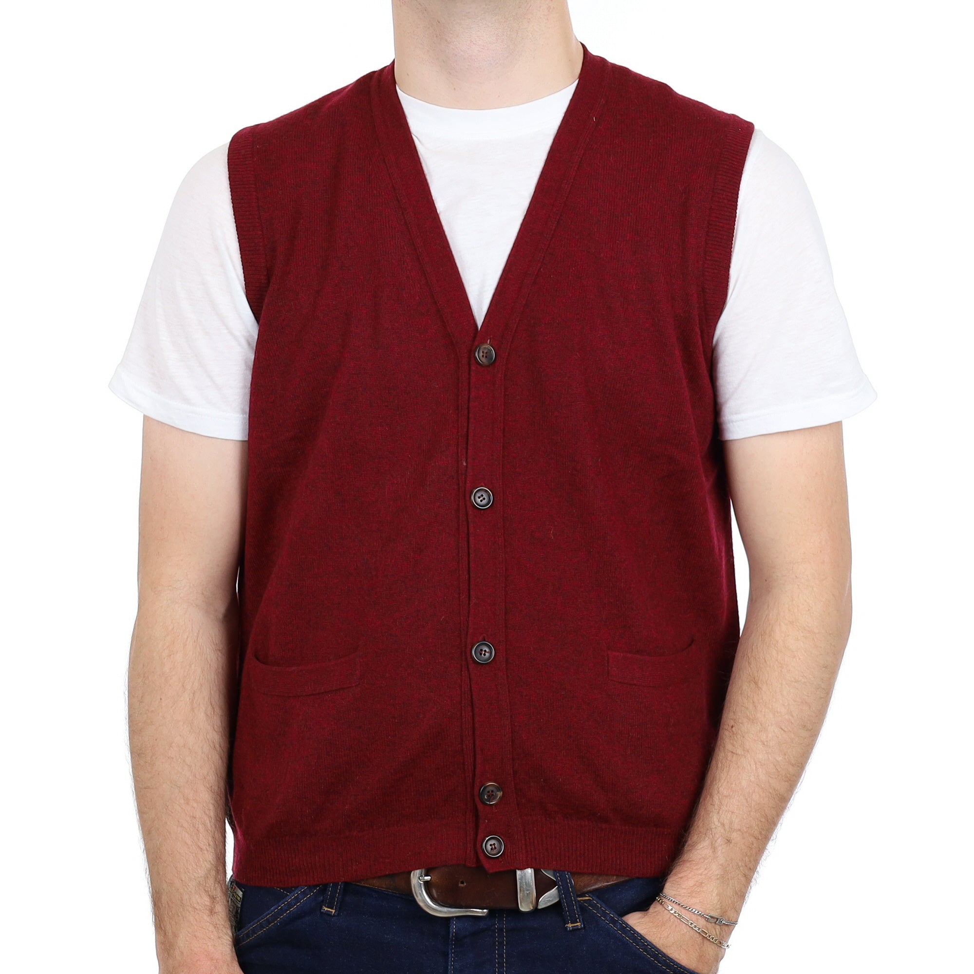 Men's Burgundy Red Cashmere V Neck Waistcoat With Pockets Medium