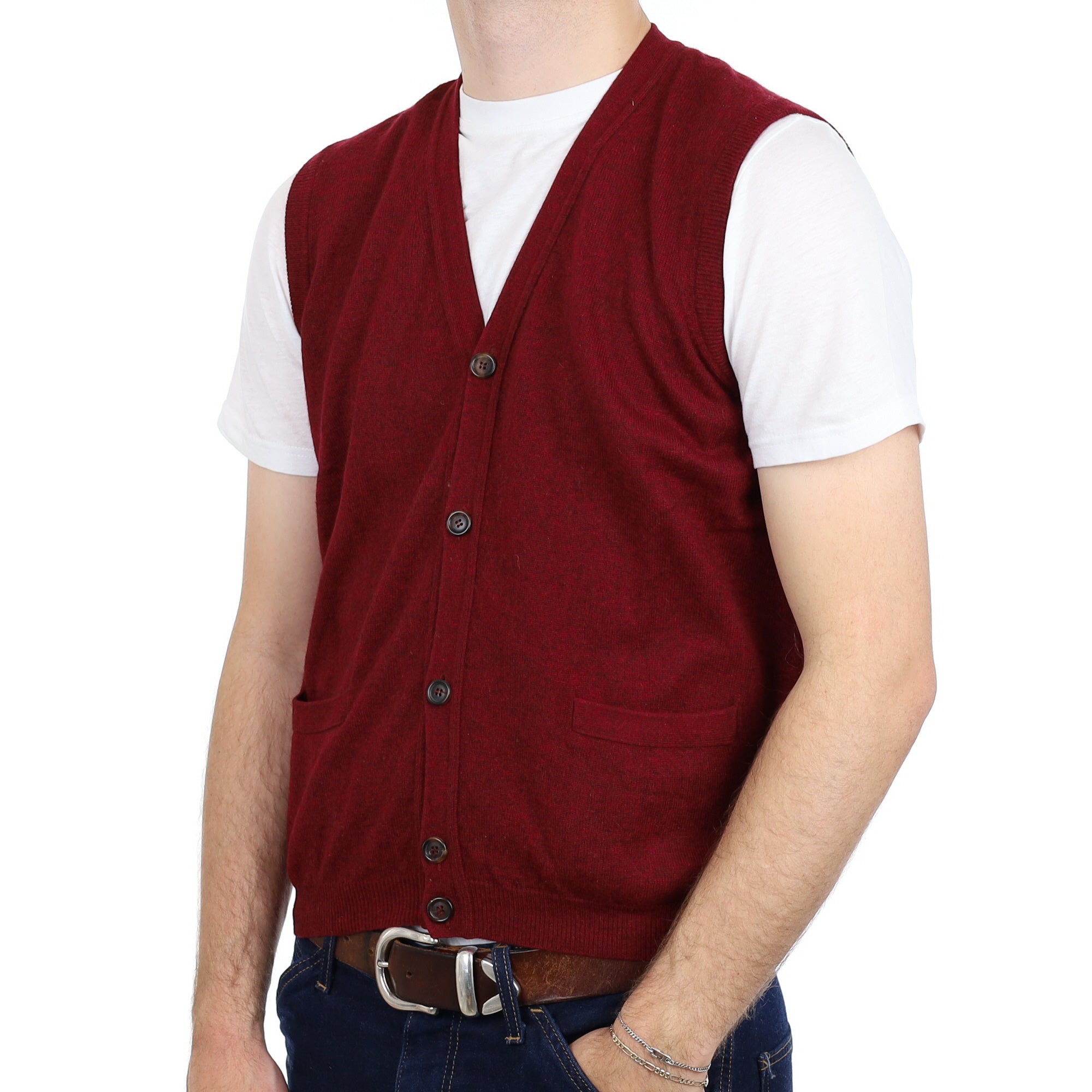 Men's Burgundy Red Cashmere V Neck Waistcoat With Pockets Medium