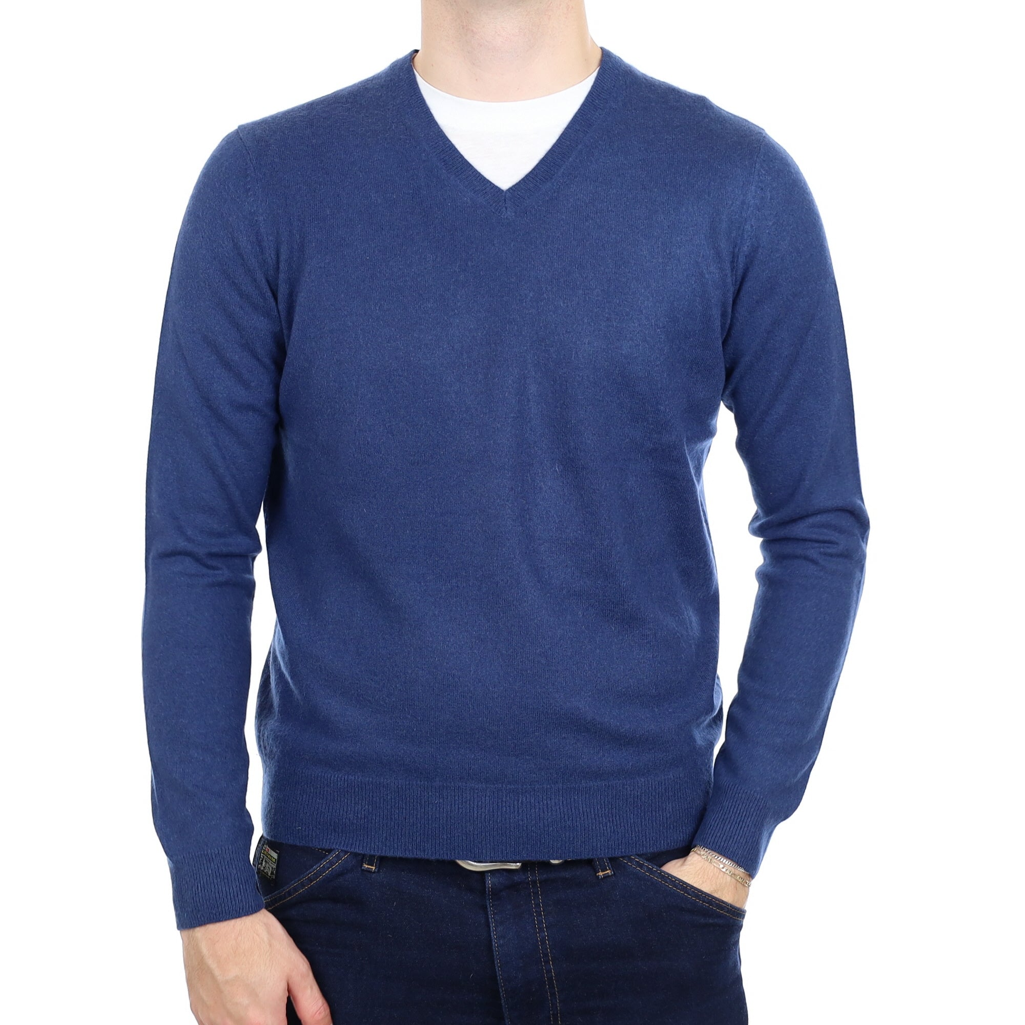 Men's Dark Denim Blue Cashmere V Neck Jumper Large
