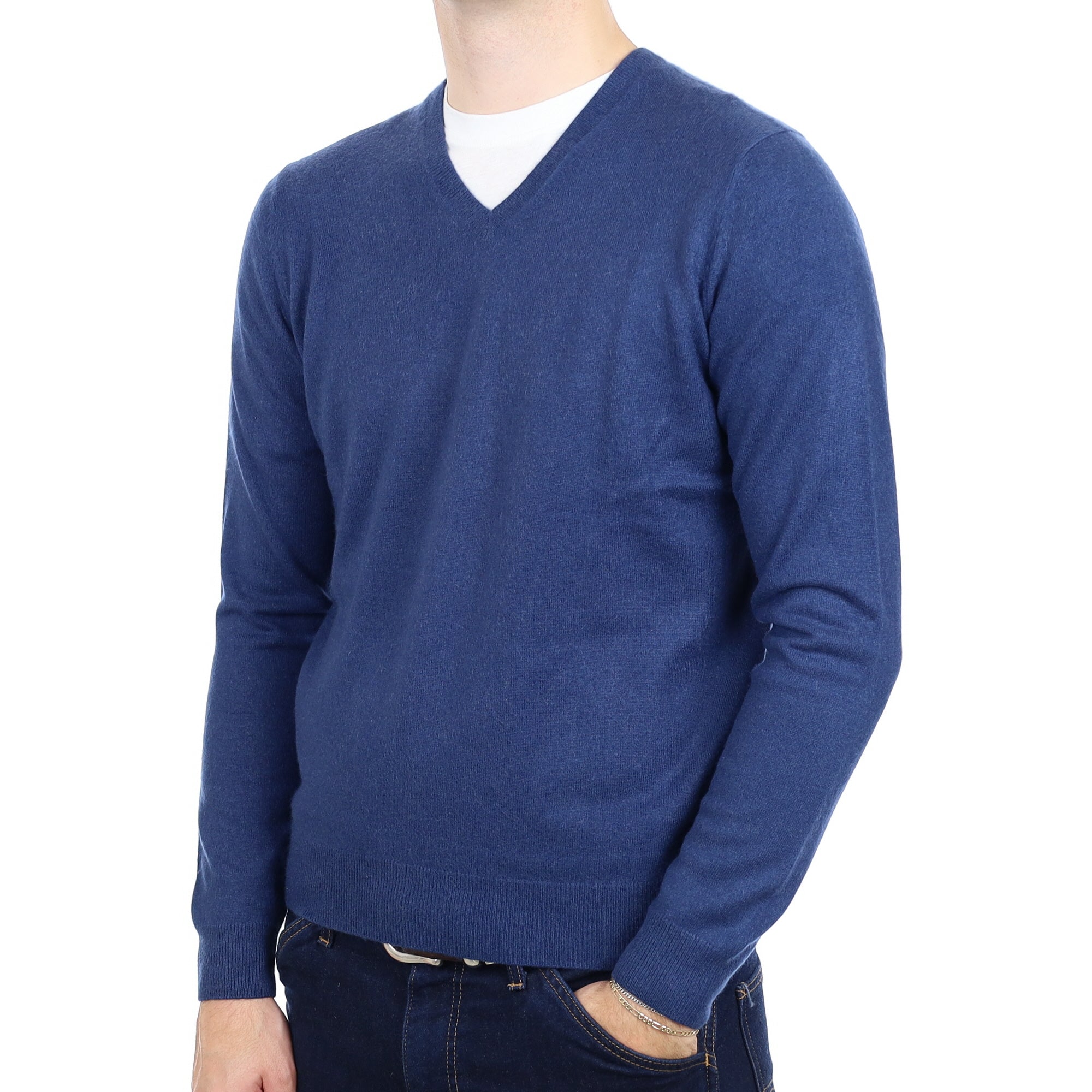 Men's Dark Denim Blue Cashmere V Neck Jumper Large