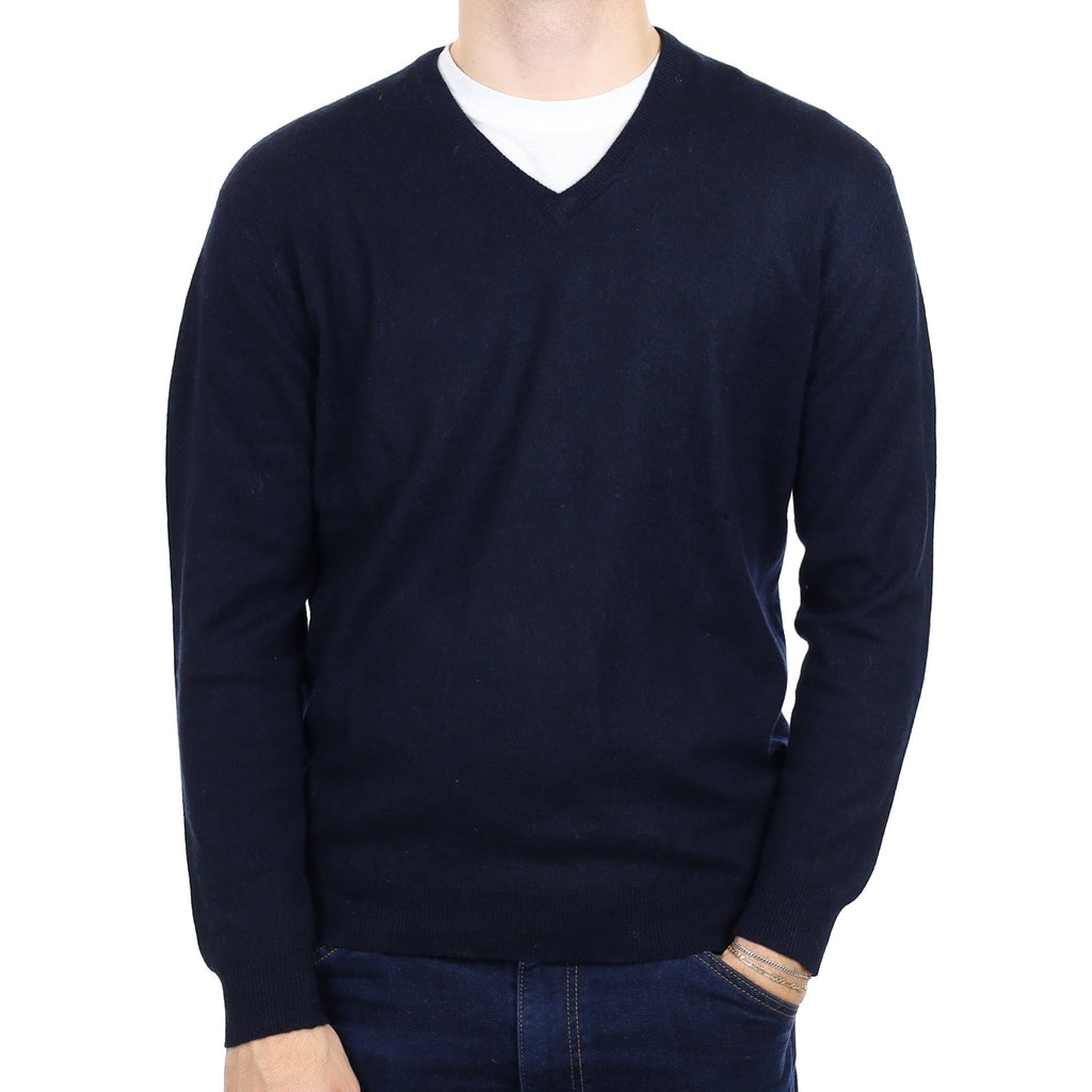 Men's Yorn Midnight Navy Cashmere V Neck Jumper Large