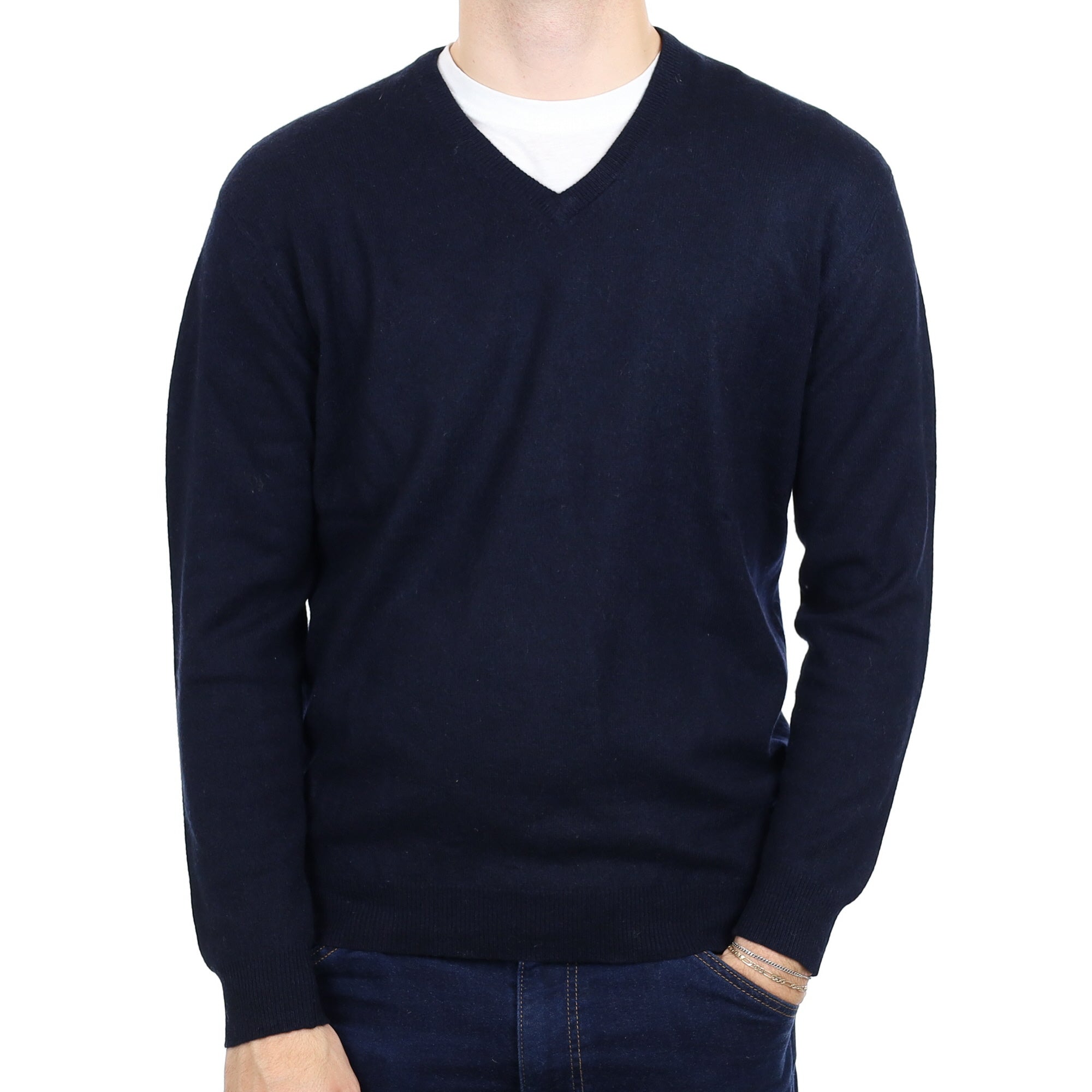 Men's Yorn Midnight Navy Cashmere V Neck Jumper Large