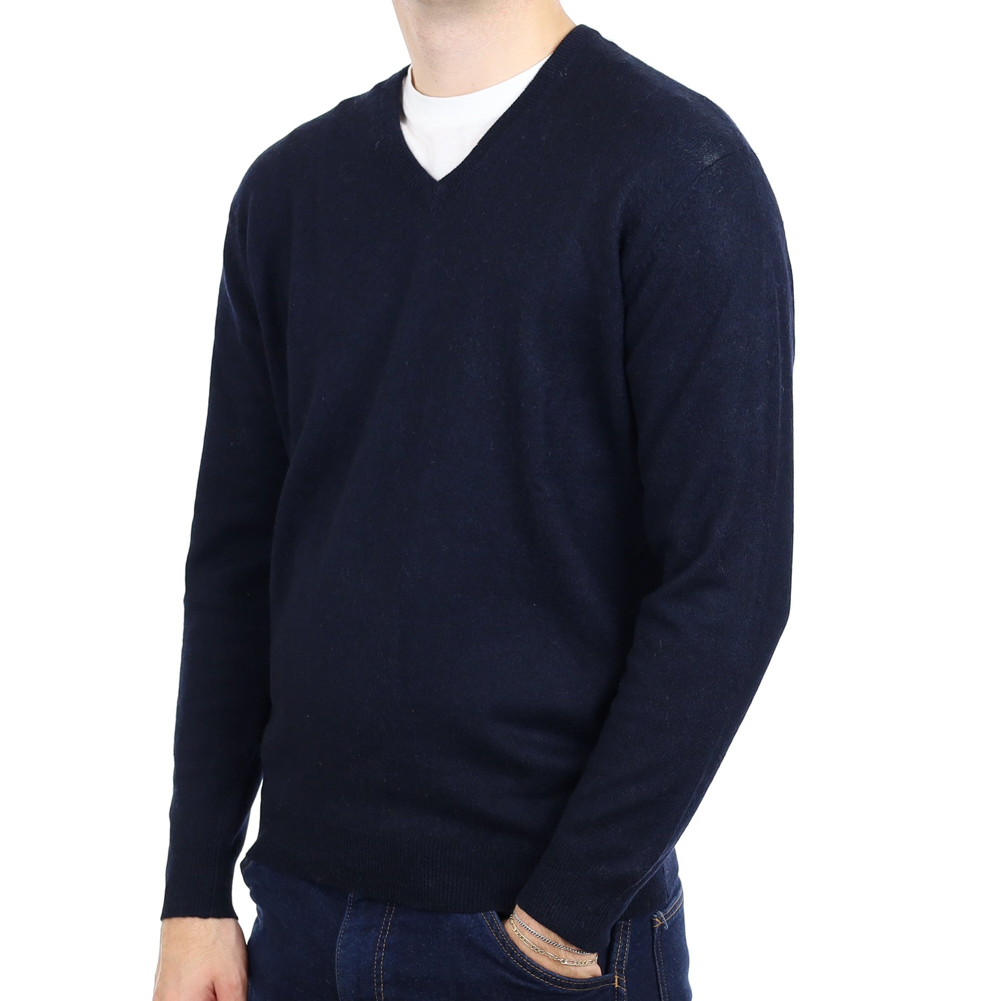 Men's Yorn Midnight Navy Cashmere V Neck Jumper Large