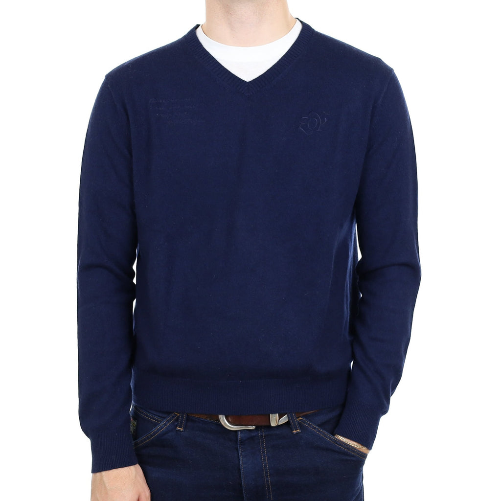 Men's Navy Blue Cashmere V Neck Jumper Large