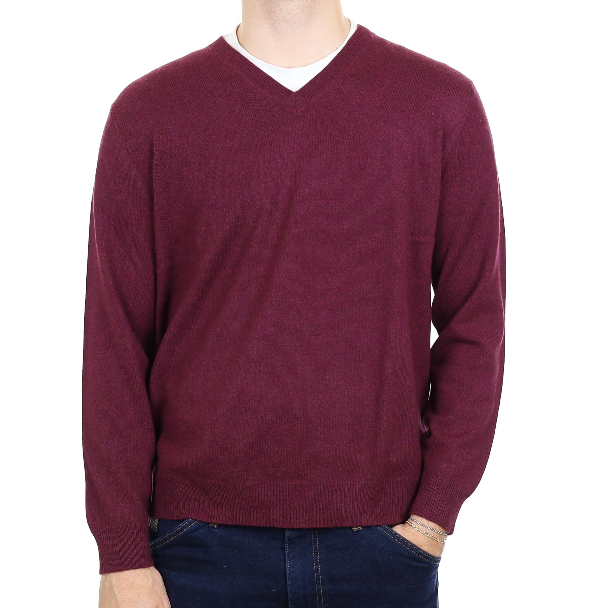 Men's Mulberry Purple Cashmere V Neck Jumper Large