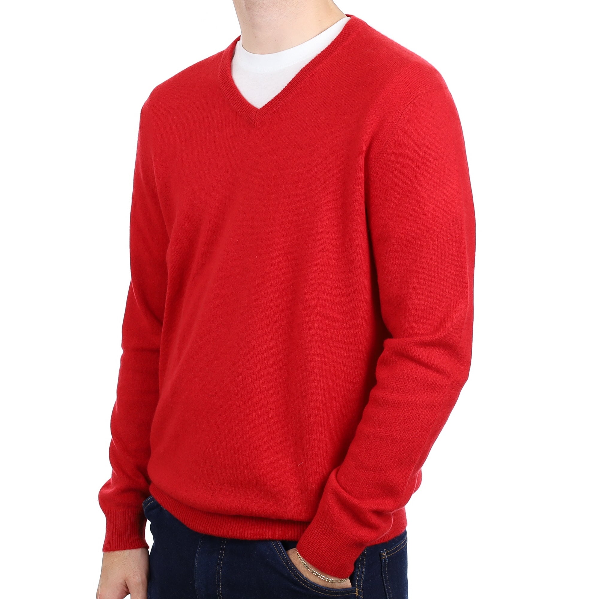 Men's Post Box Red Cashmere V Neck Jumper Large