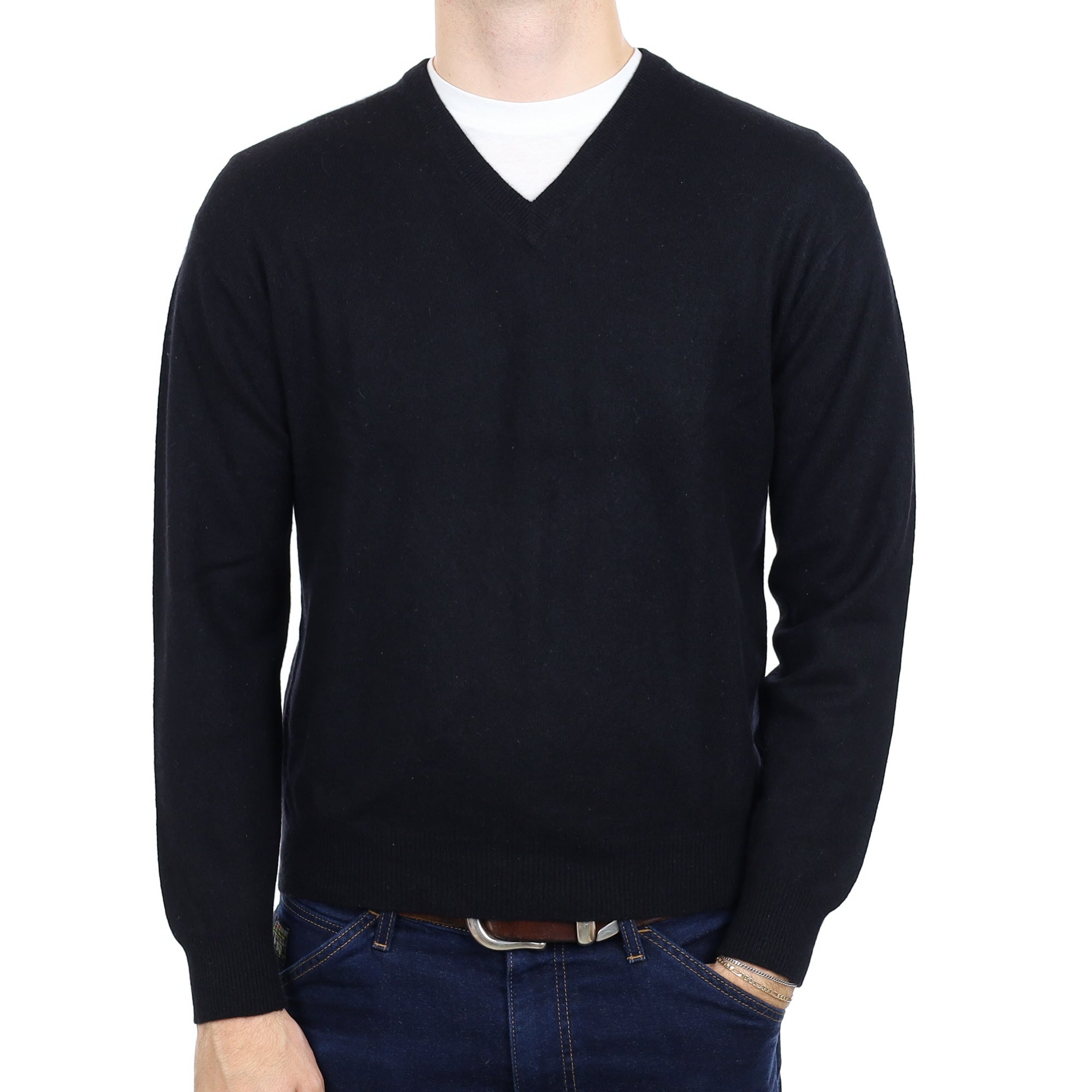 Men's Black Cashmere V Neck Jumper Large