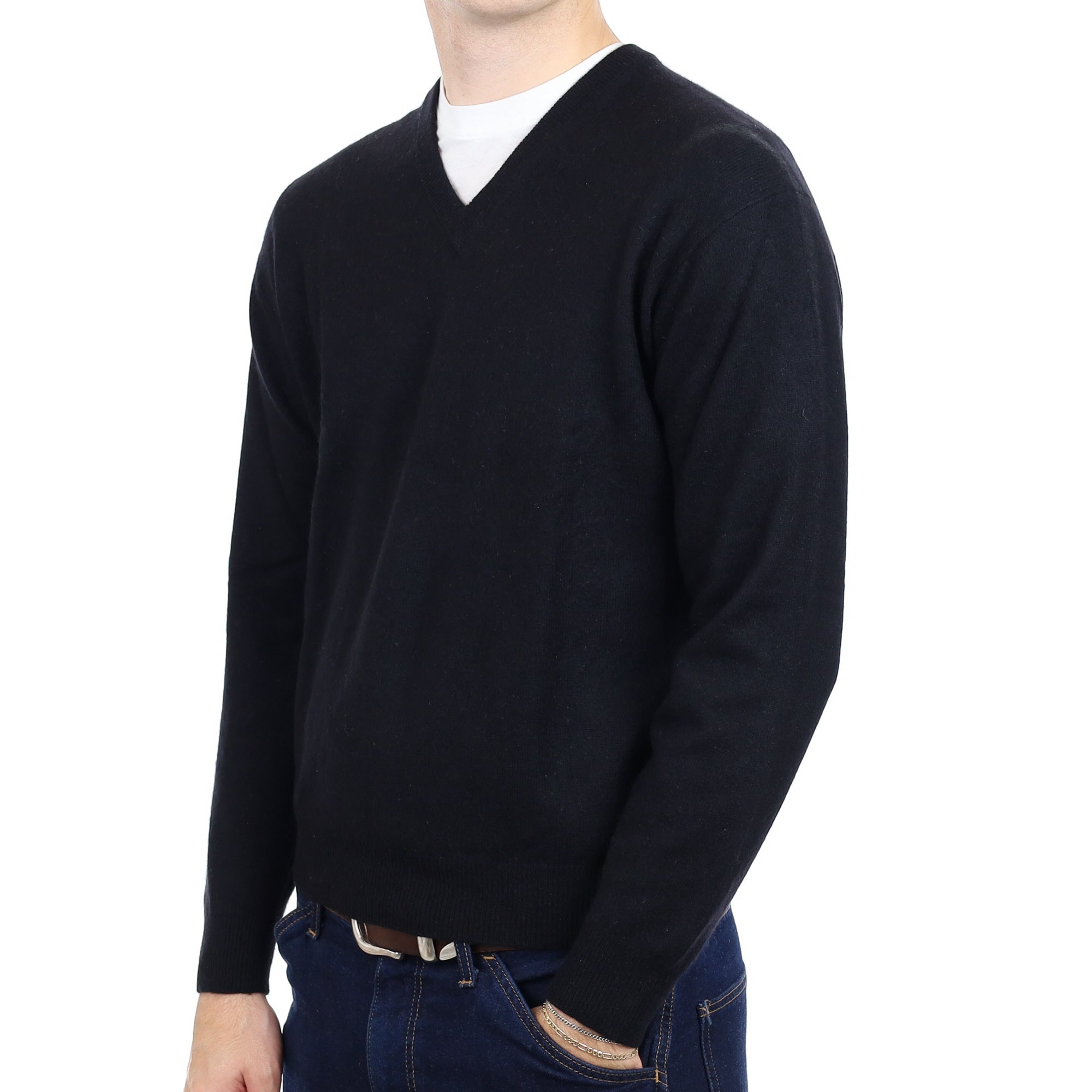 Men's Black Cashmere V Neck Jumper Large