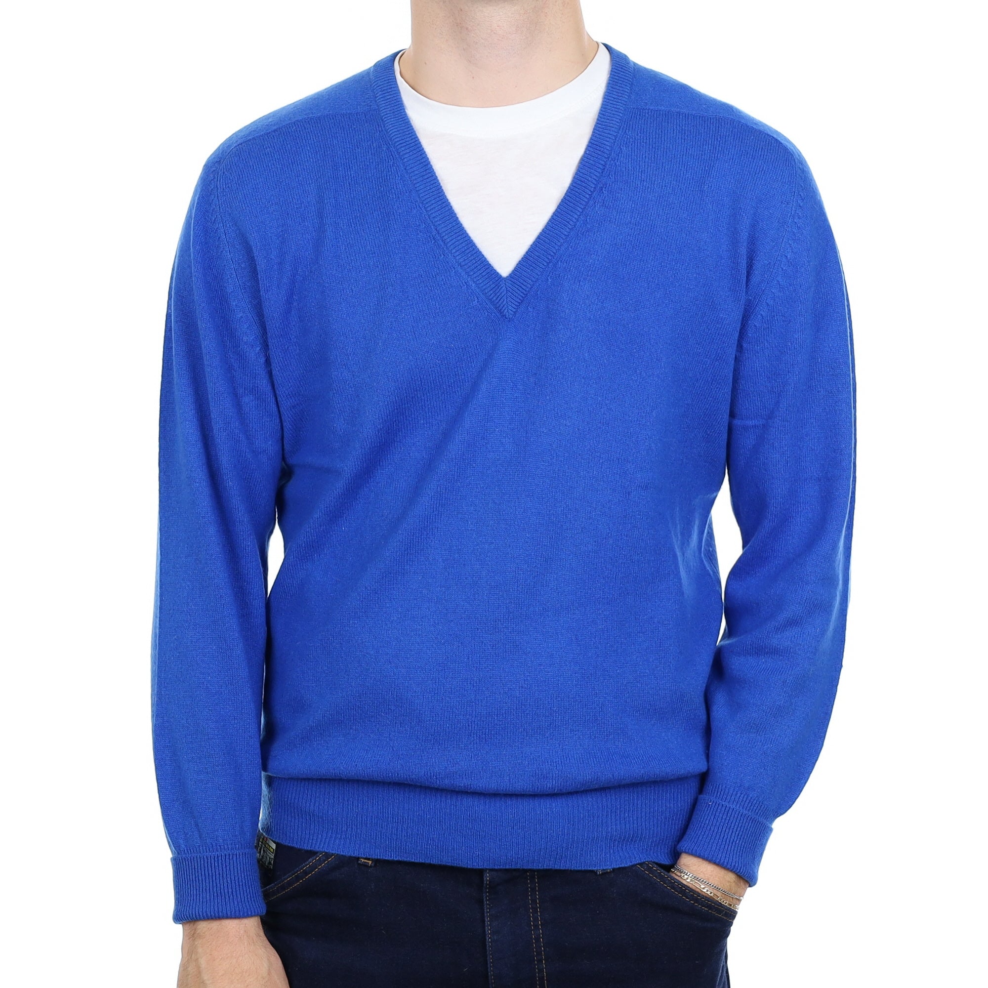 Men's Azure Blue Cashmere V Neck Jumper Large