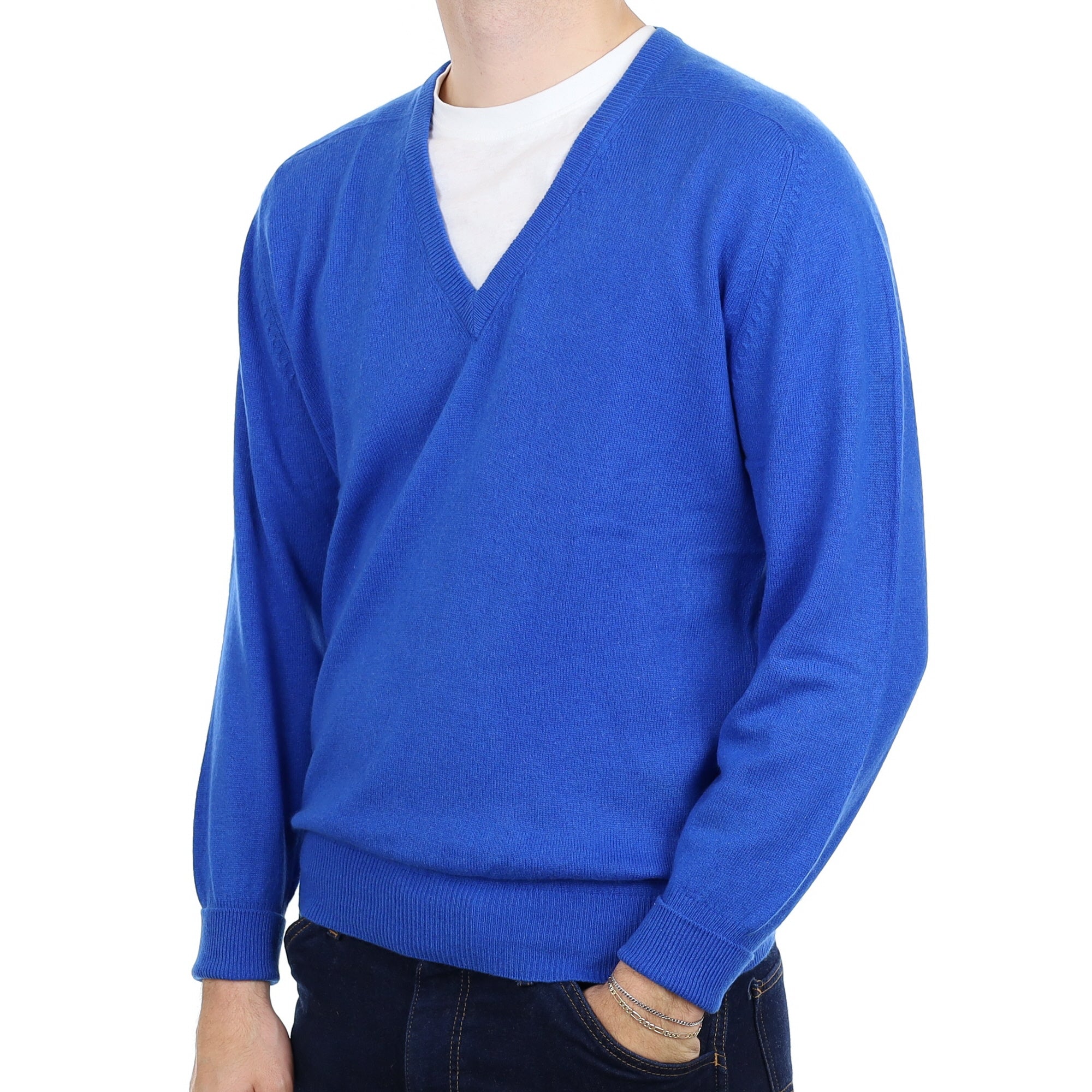 Men's Azure Blue Cashmere V Neck Jumper Large