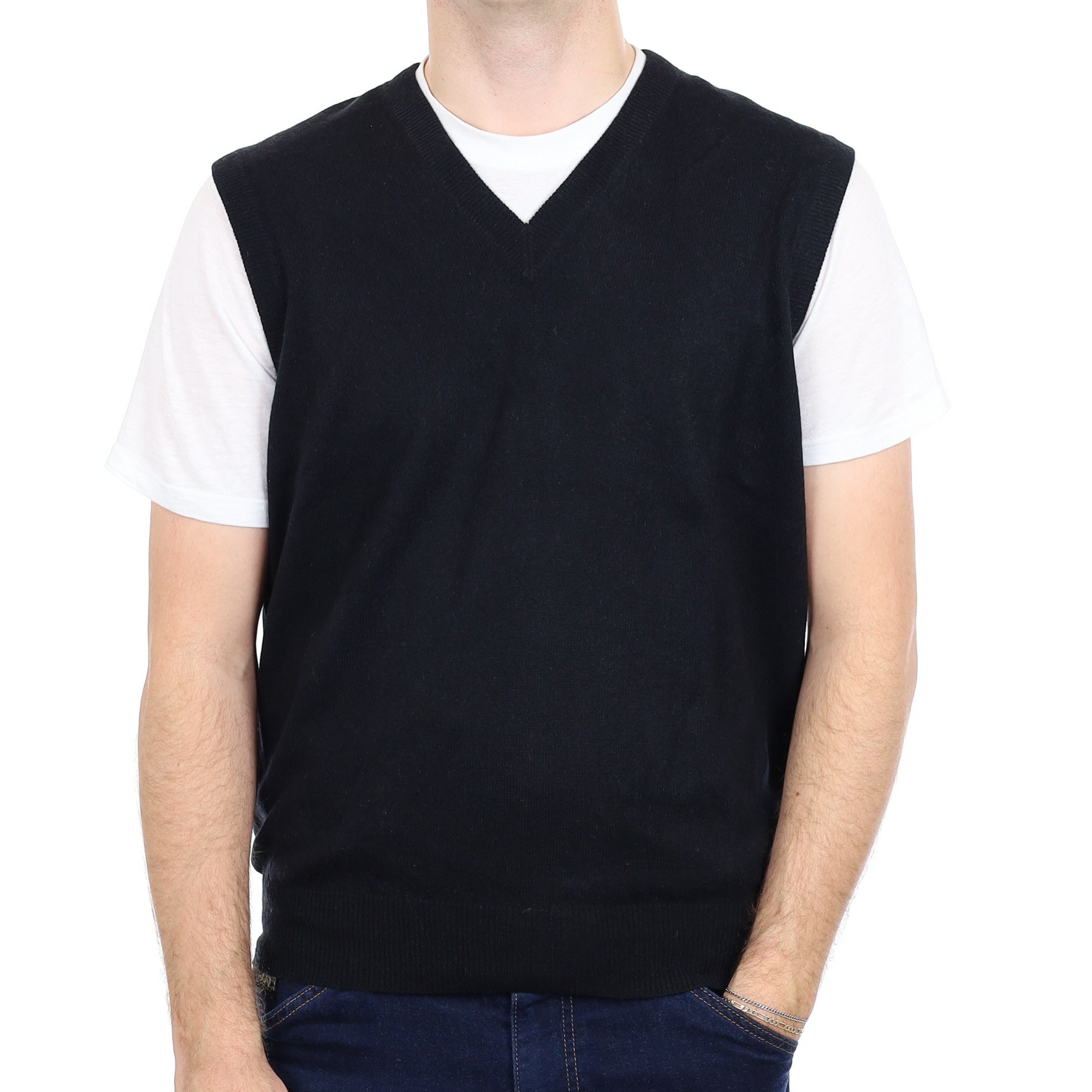 Men's Black Cashmere V Neck Tank Top Large