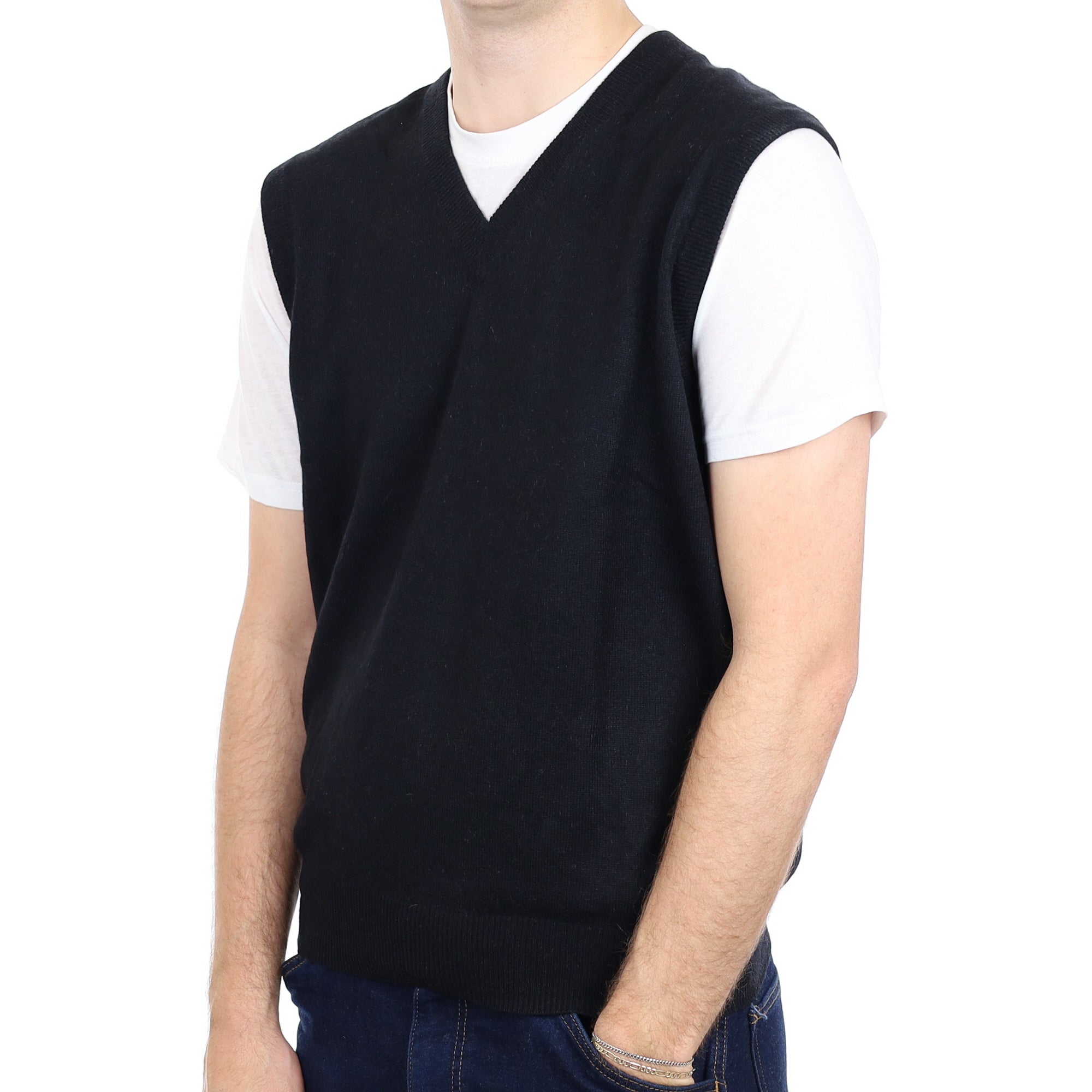 Men's Black Cashmere V Neck Tank Top Large