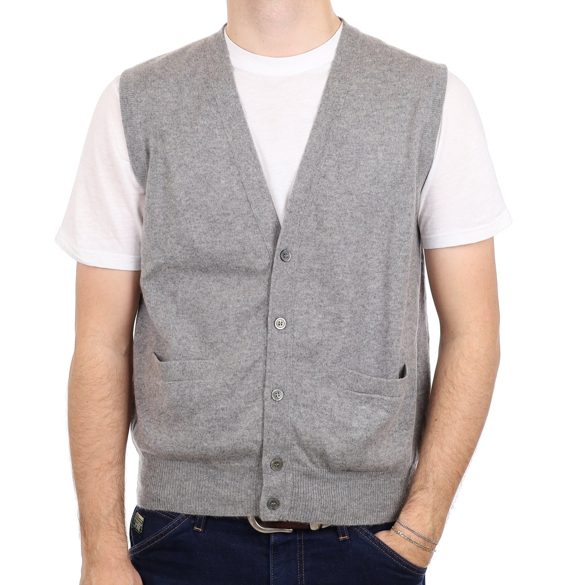 Men's Ash Grey Cashmere V Neck Waistcoat with Pockets Large