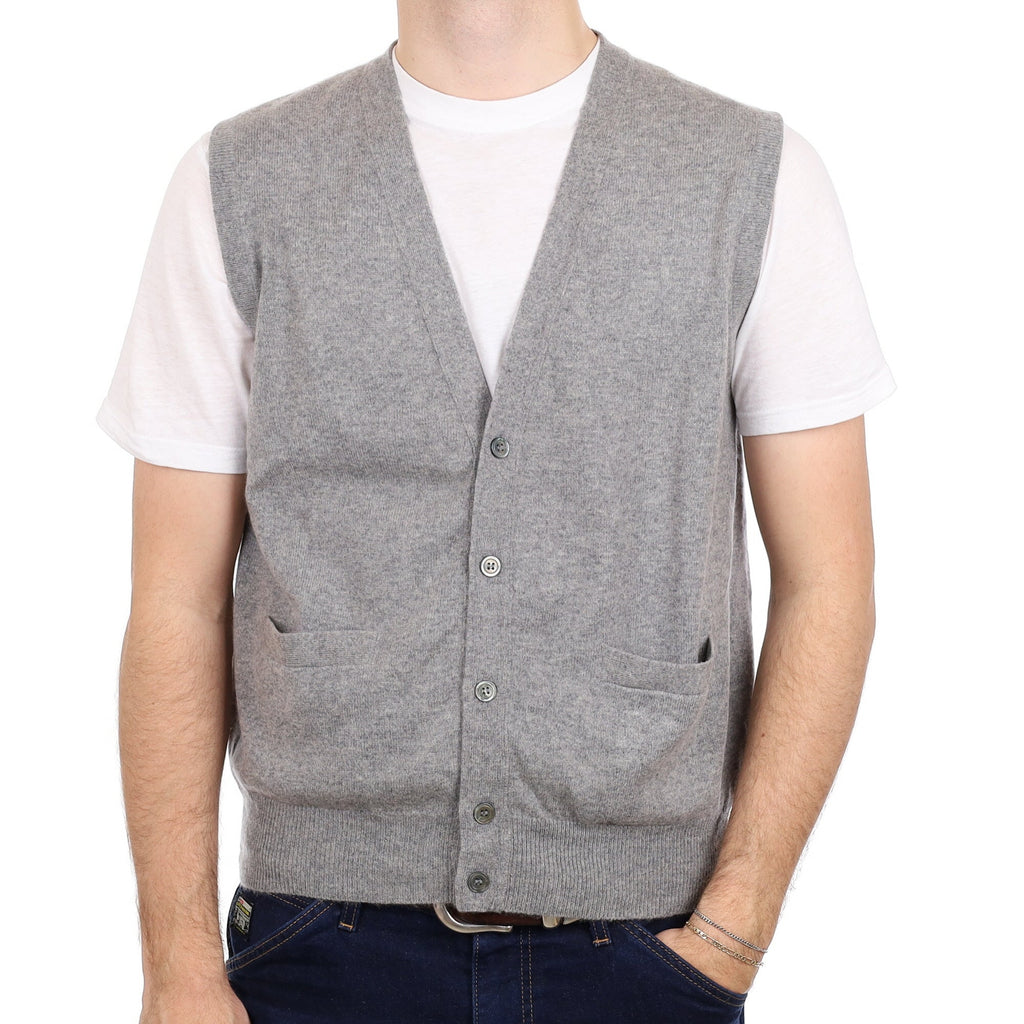 Men's Ash Grey Cashmere V Neck Waistcoat with Pockets Large
