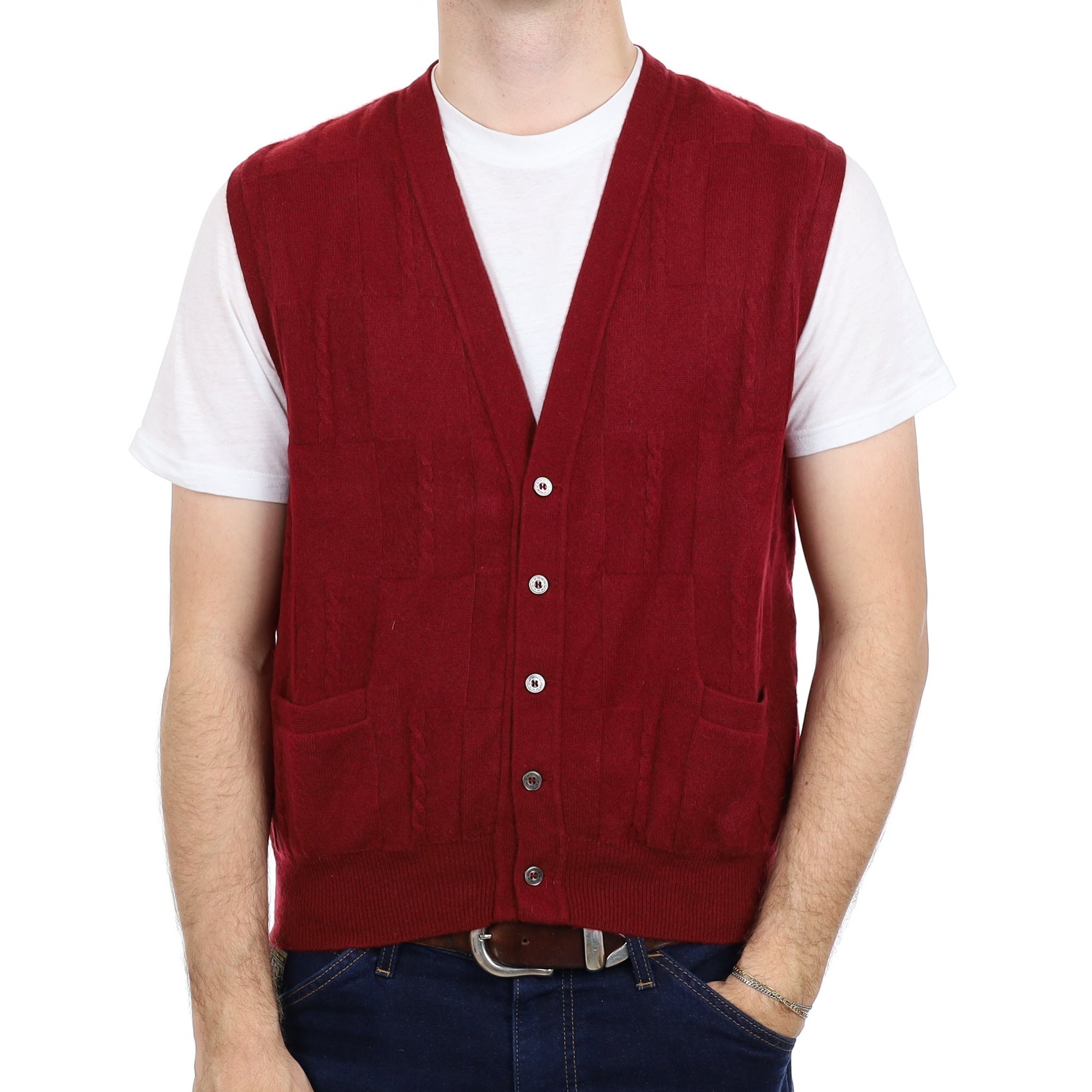 Men's Burgundy Textured Cashmere V Neck Waistcoat with Pockets Large