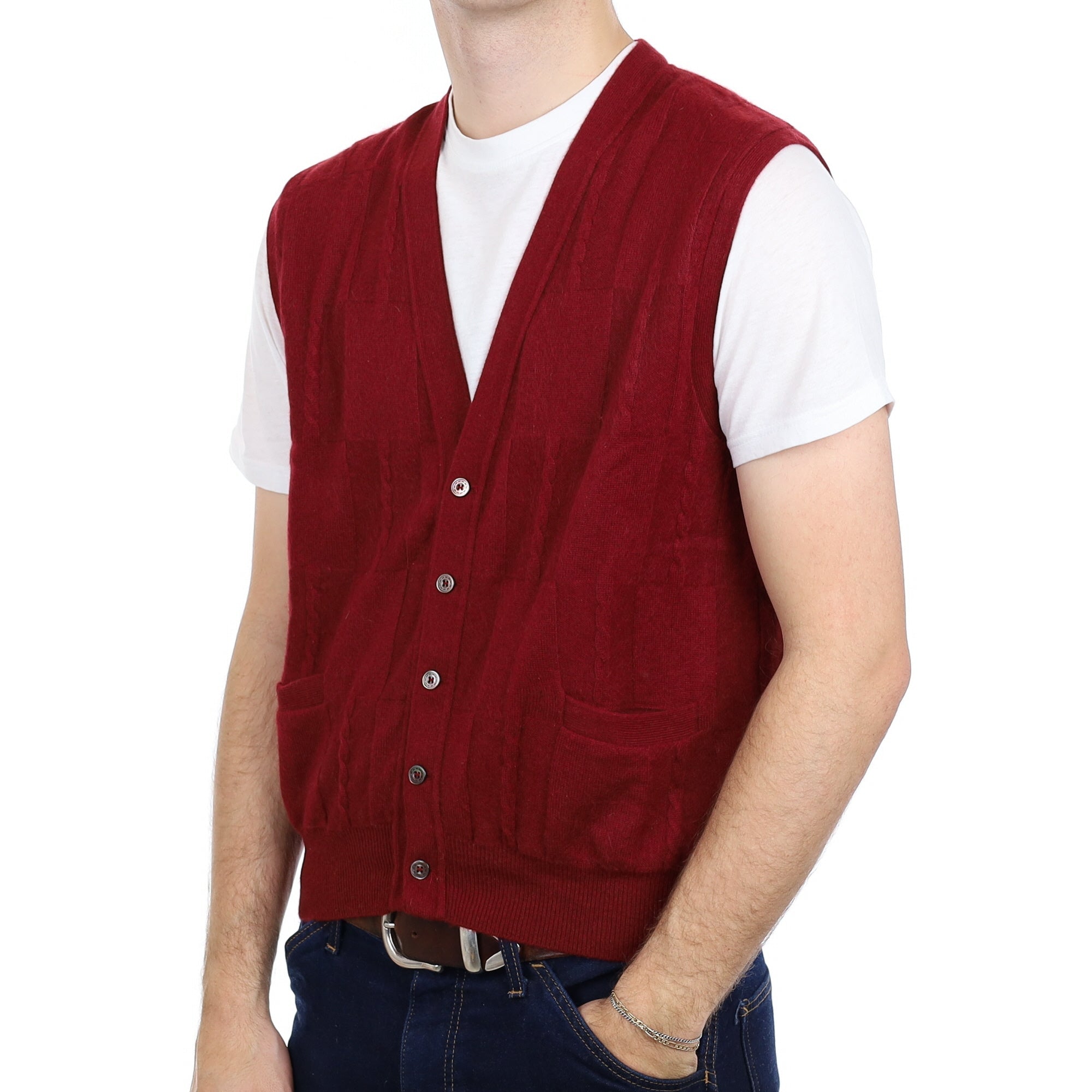 Men's Burgundy Textured Cashmere V Neck Waistcoat with Pockets Large