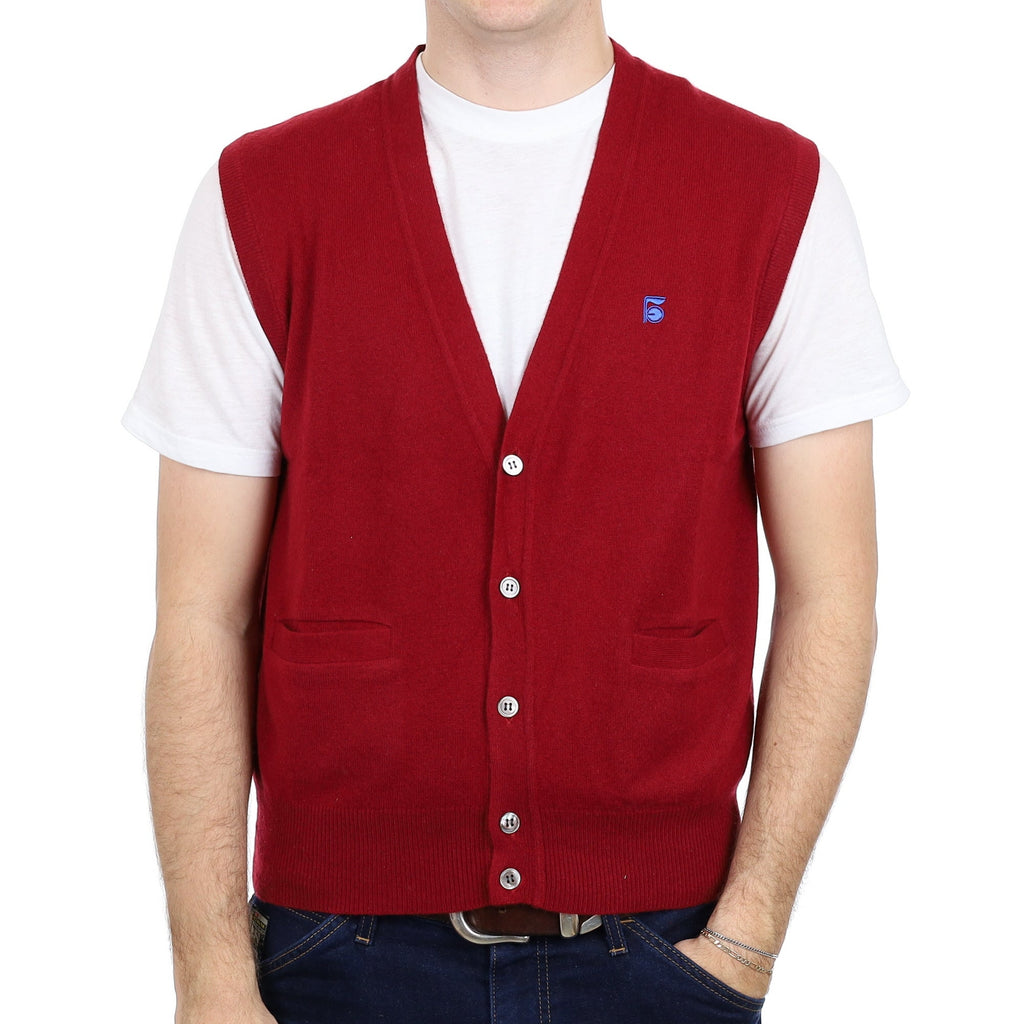 Men's Burgundy Red Cashmere V Neck Waistcoat with Pockets Large