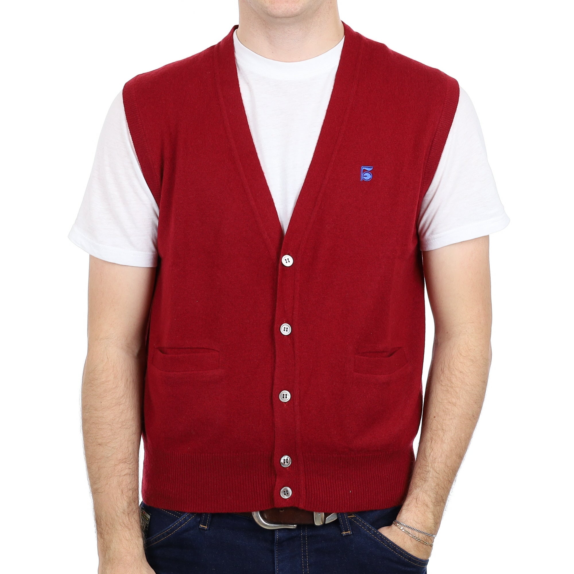 Men's Burgundy Red Cashmere V Neck Waistcoat with Pockets Large