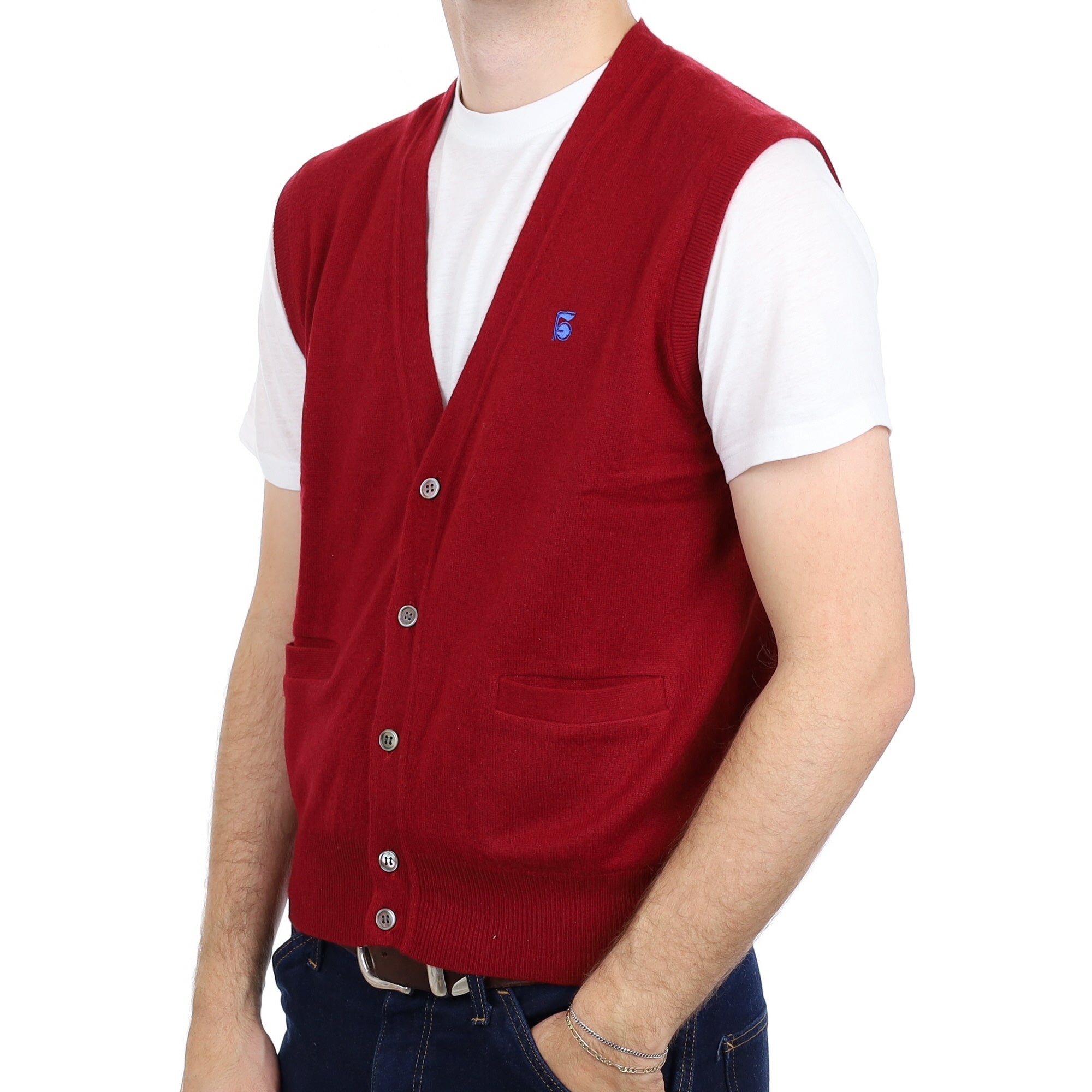 Men's Burgundy Red Cashmere V Neck Waistcoat with Pockets Large