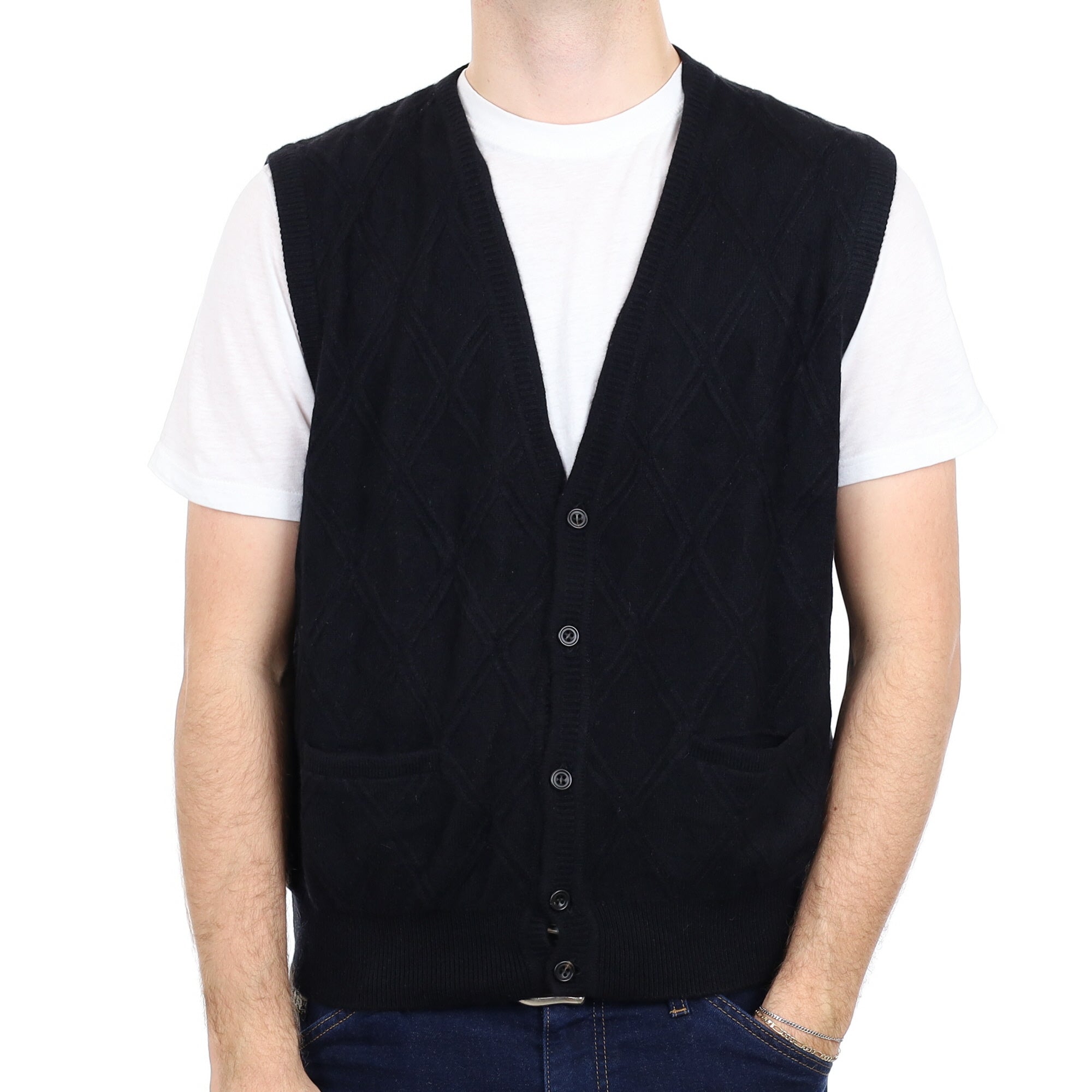 Men's Black Textured Cashmere V Neck Waistcoat with Pockets Large