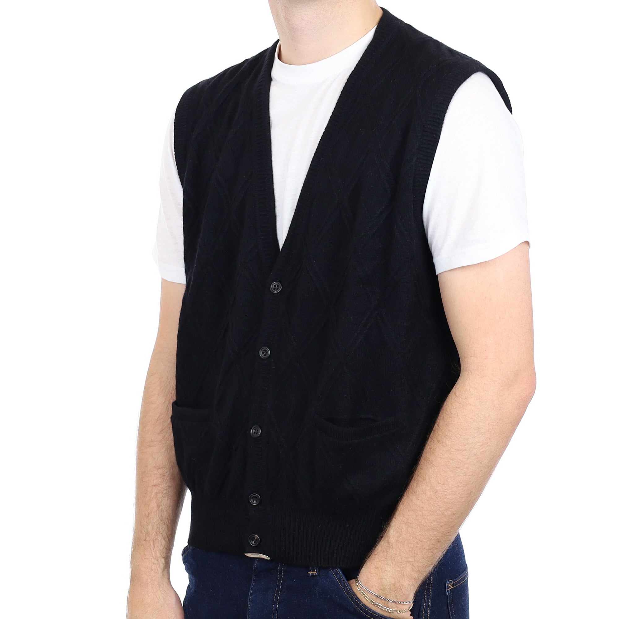 Men's Black Textured Cashmere V Neck Waistcoat with Pockets Large