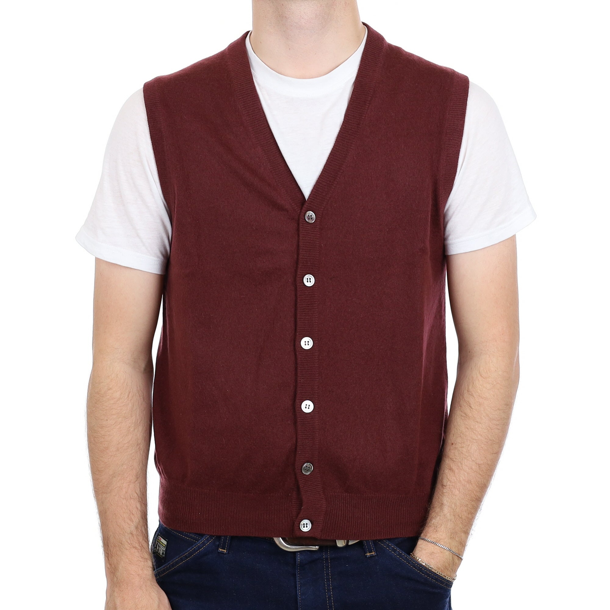 Men's Wine Red Cashmere V Neck Waistcoat Large