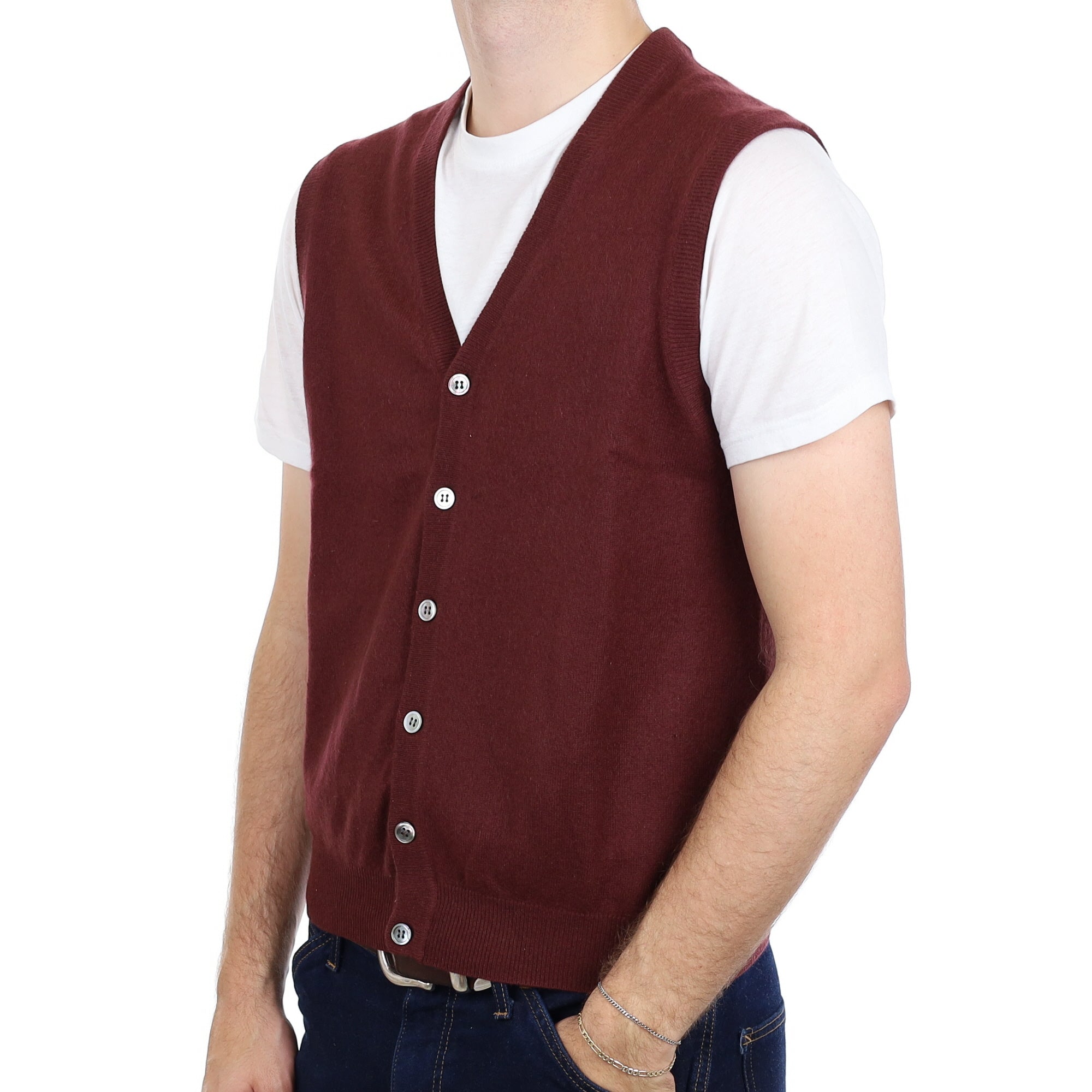 Men's Wine Red Cashmere V Neck Waistcoat Large