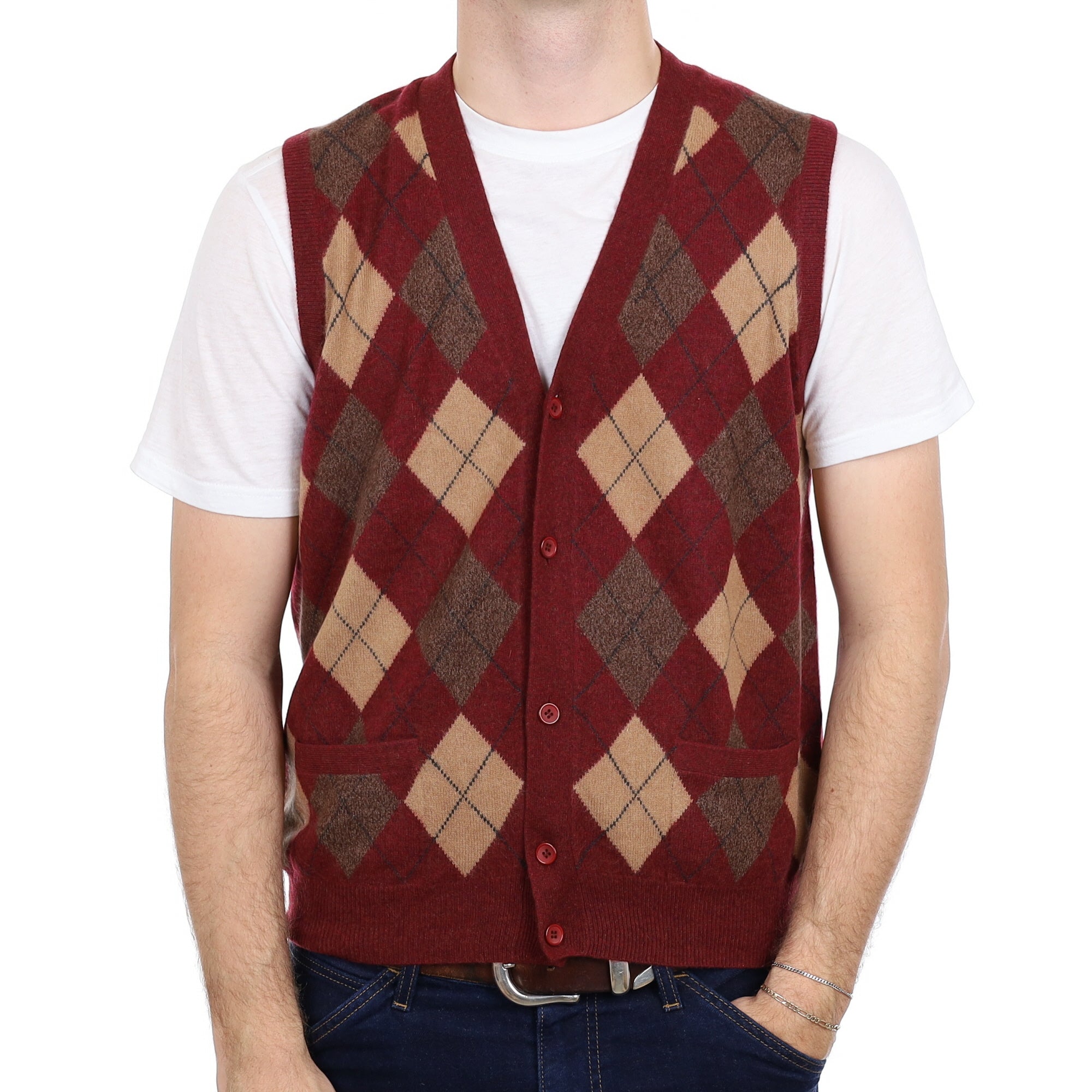 Men's Burgundy Argyle Cashmere V Neck Waistcoat with Pockets Large