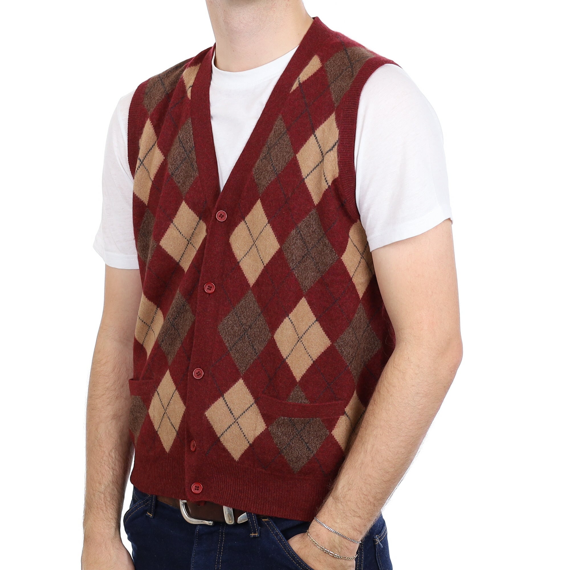 Men's Burgundy Argyle Cashmere V Neck Waistcoat with Pockets Large