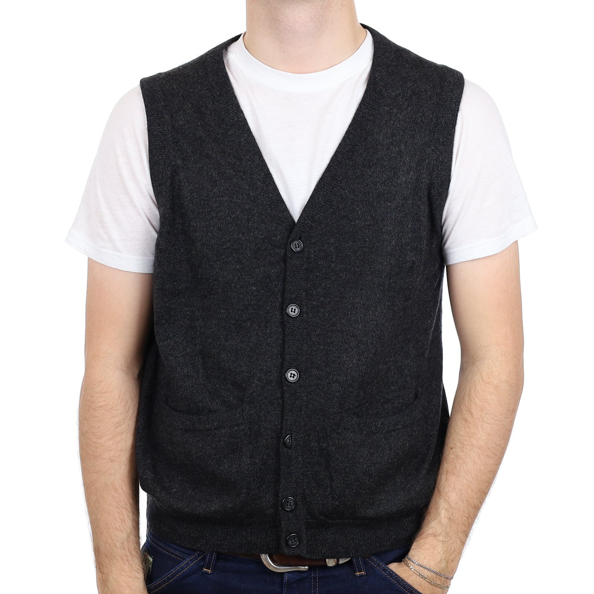 Men's Graphite Grey Cashmere V Neck Waistcoat with Pockets Large